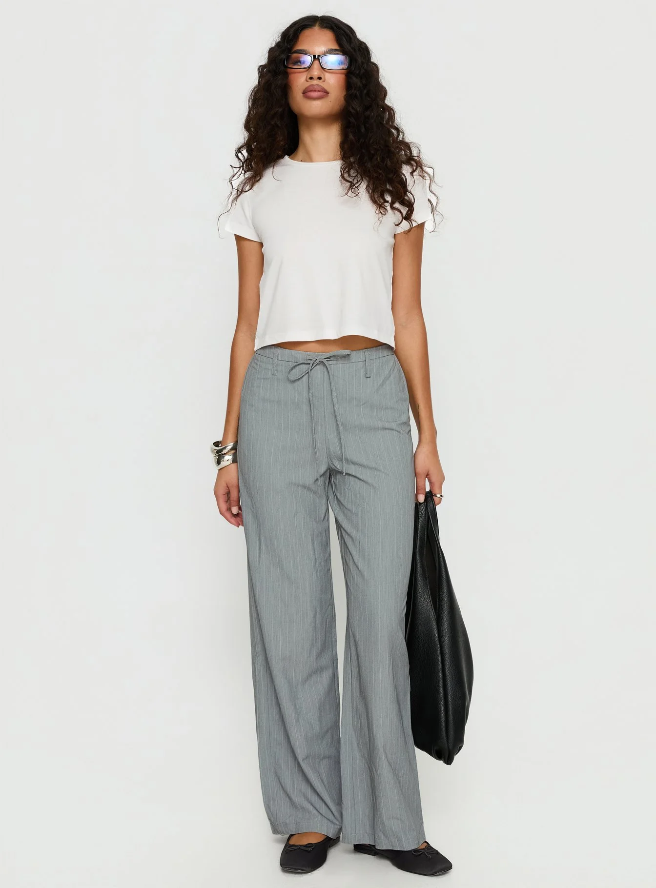 Idolised Tie Waist Pant Grey Pinstripe - Image 2