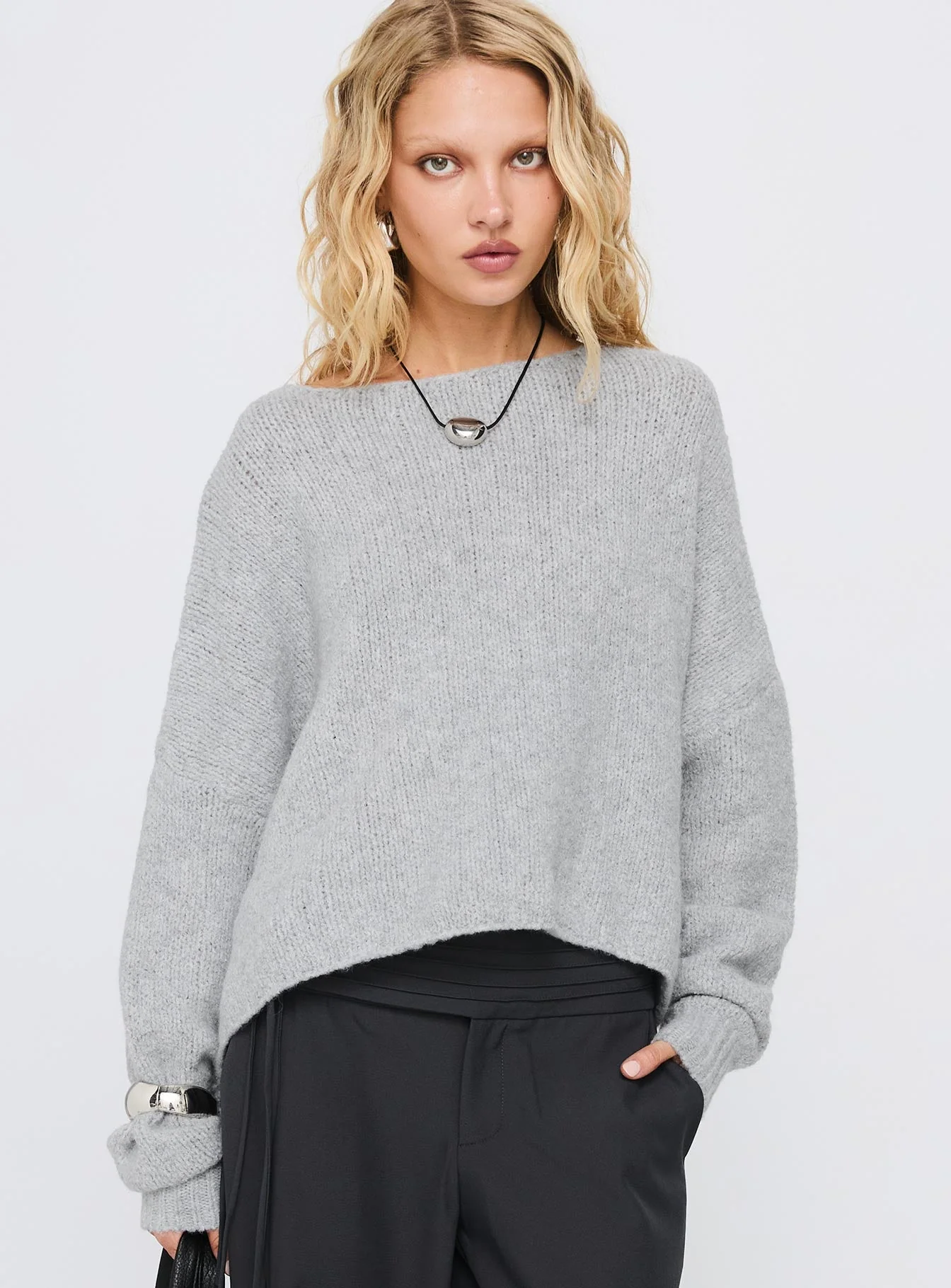 Ramy Wide Neck Knit Sweater Grey - Image 2