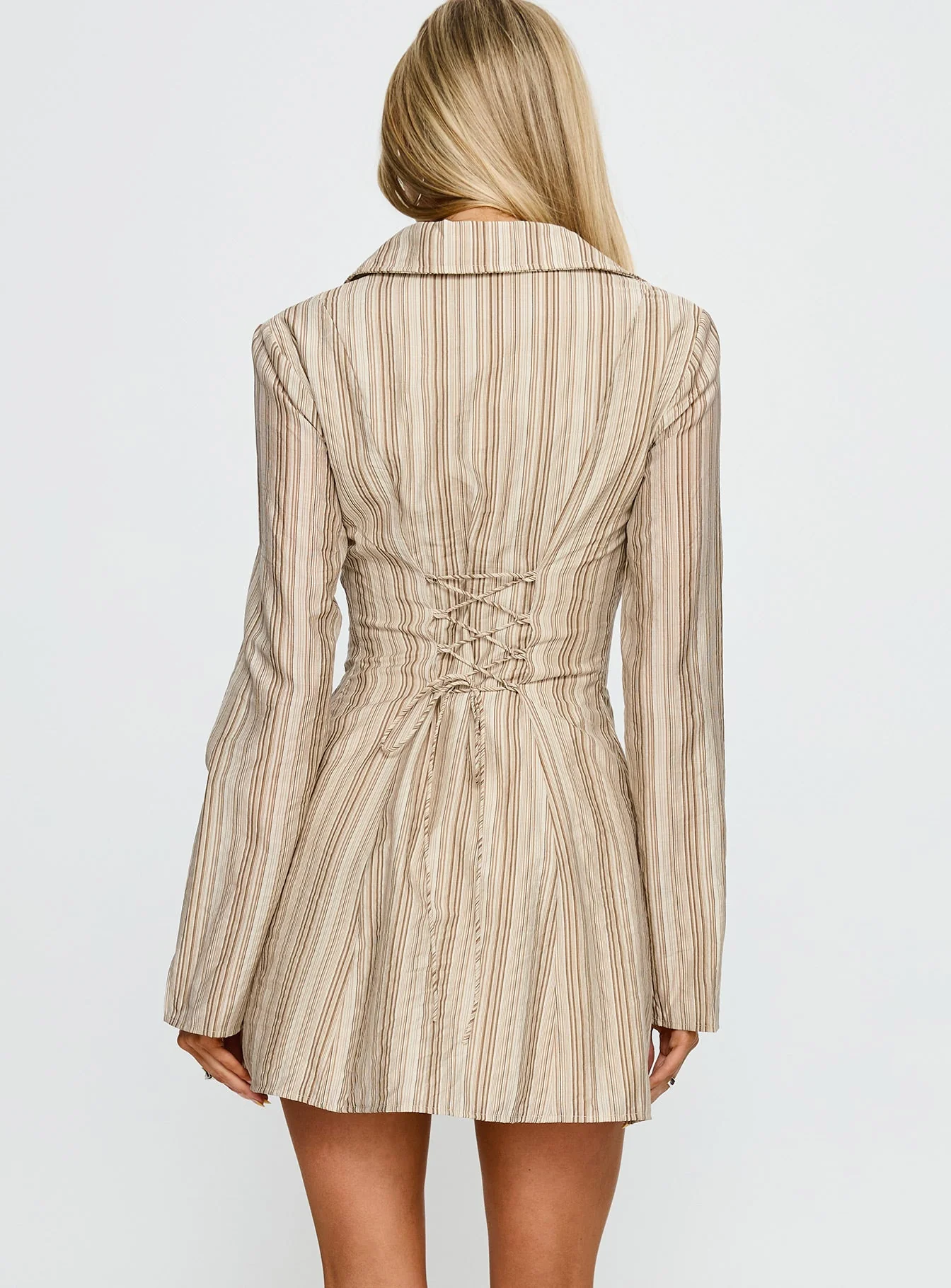 In Your Arms Long Sleeve Tie Back Mini Dress Brown Stripe - Image 5