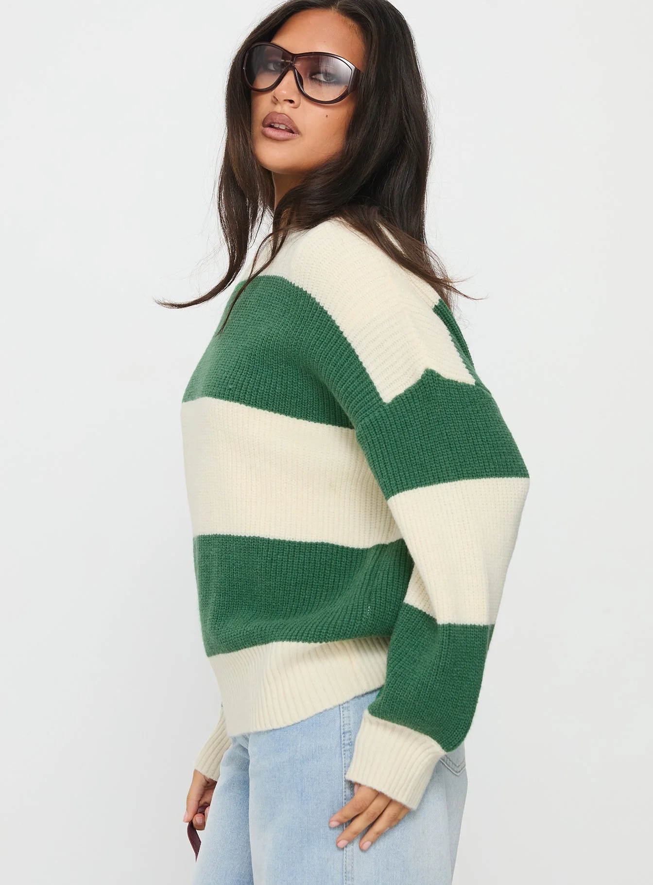 Infallible Crew Neck Knit Sweater Green / Cream Stripe - Image 4