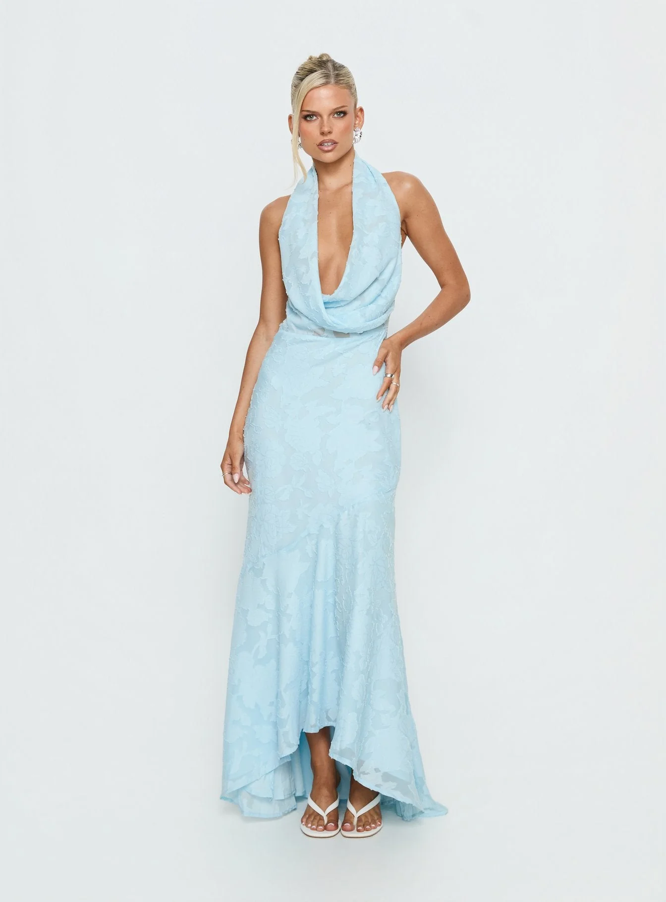 Invisible String Cowl Plunge Backless Maxi Dress Light Blue - Image 2