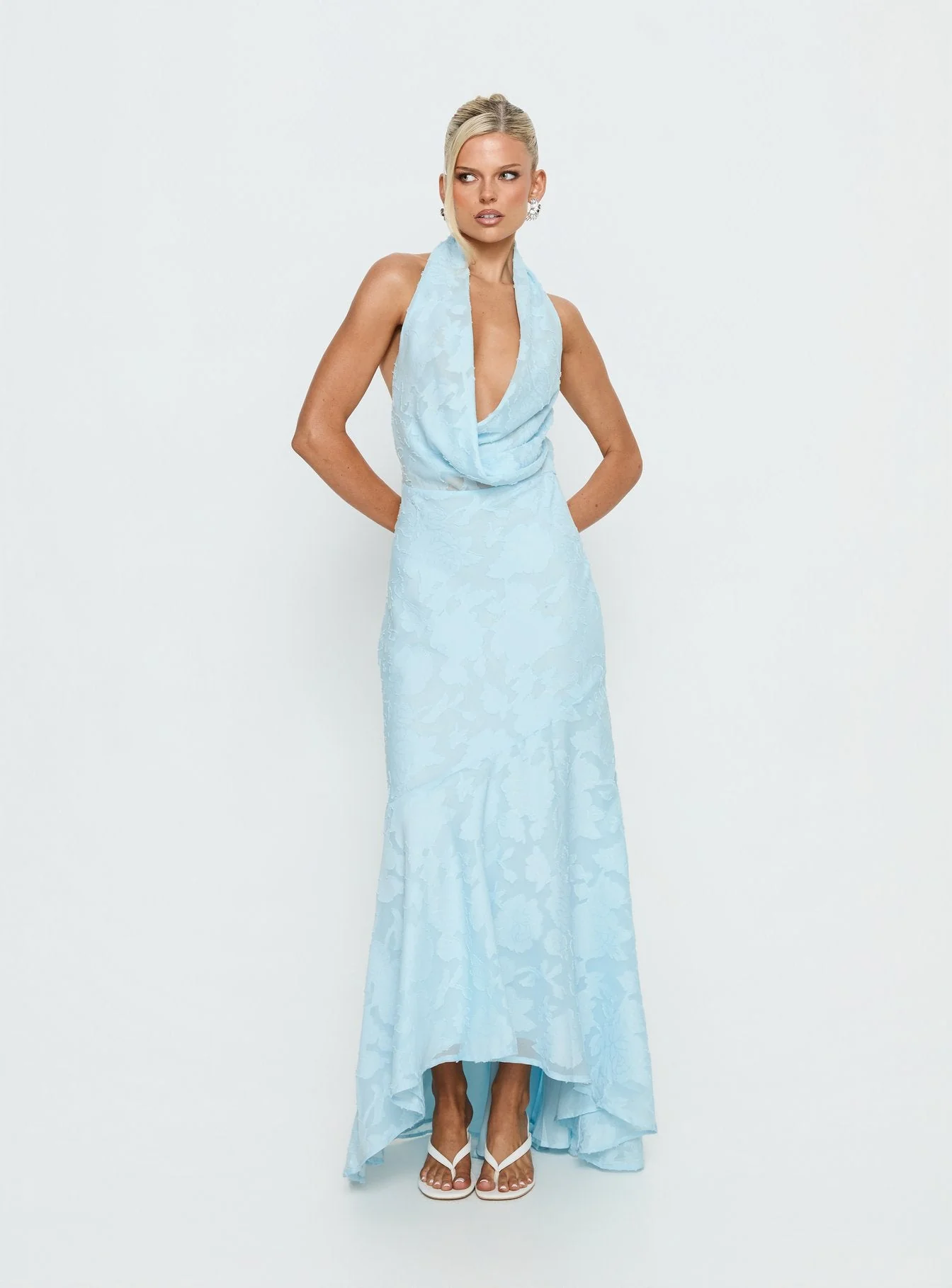 Invisible String Cowl Plunge Backless Maxi Dress Light Blue - Image 3