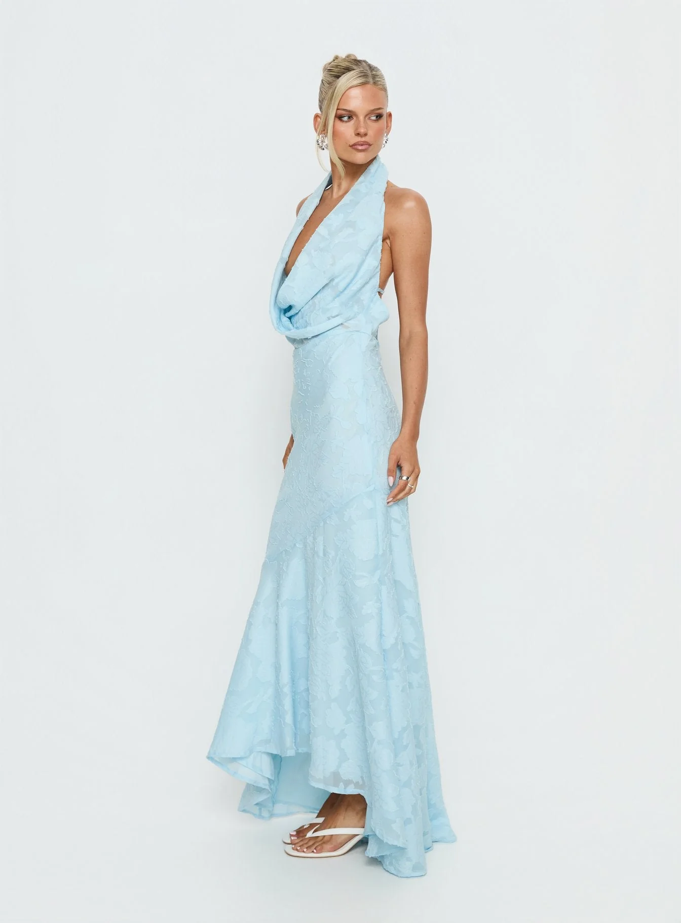 Invisible String Cowl Plunge Backless Maxi Dress Light Blue - Image 4
