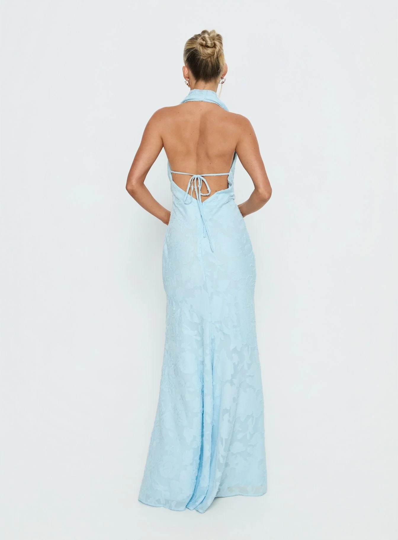Invisible String Cowl Plunge Backless Maxi Dress Light Blue - Image 5