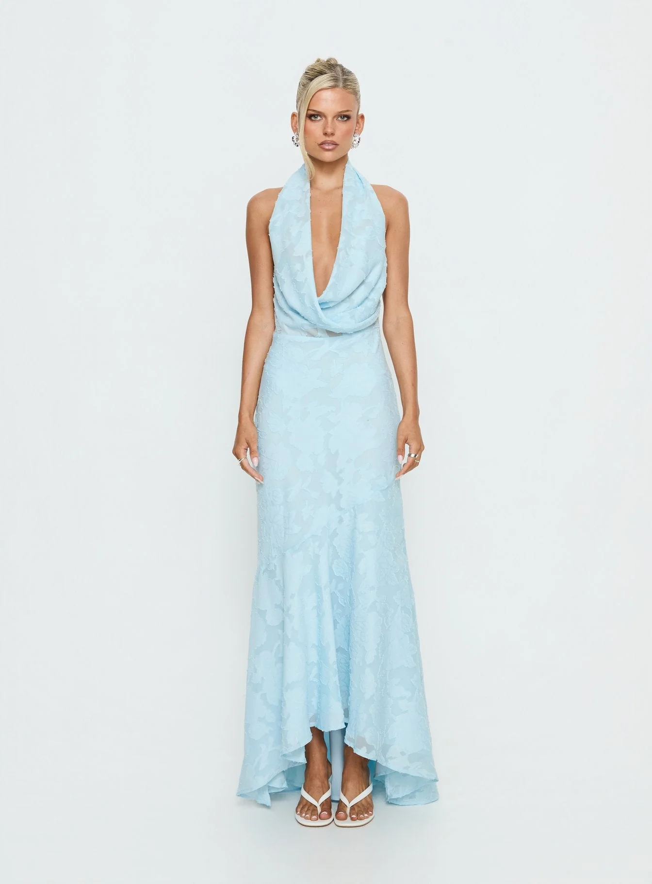 Invisible String Cowl Plunge Backless Maxi Dress Light Blue - Image 9