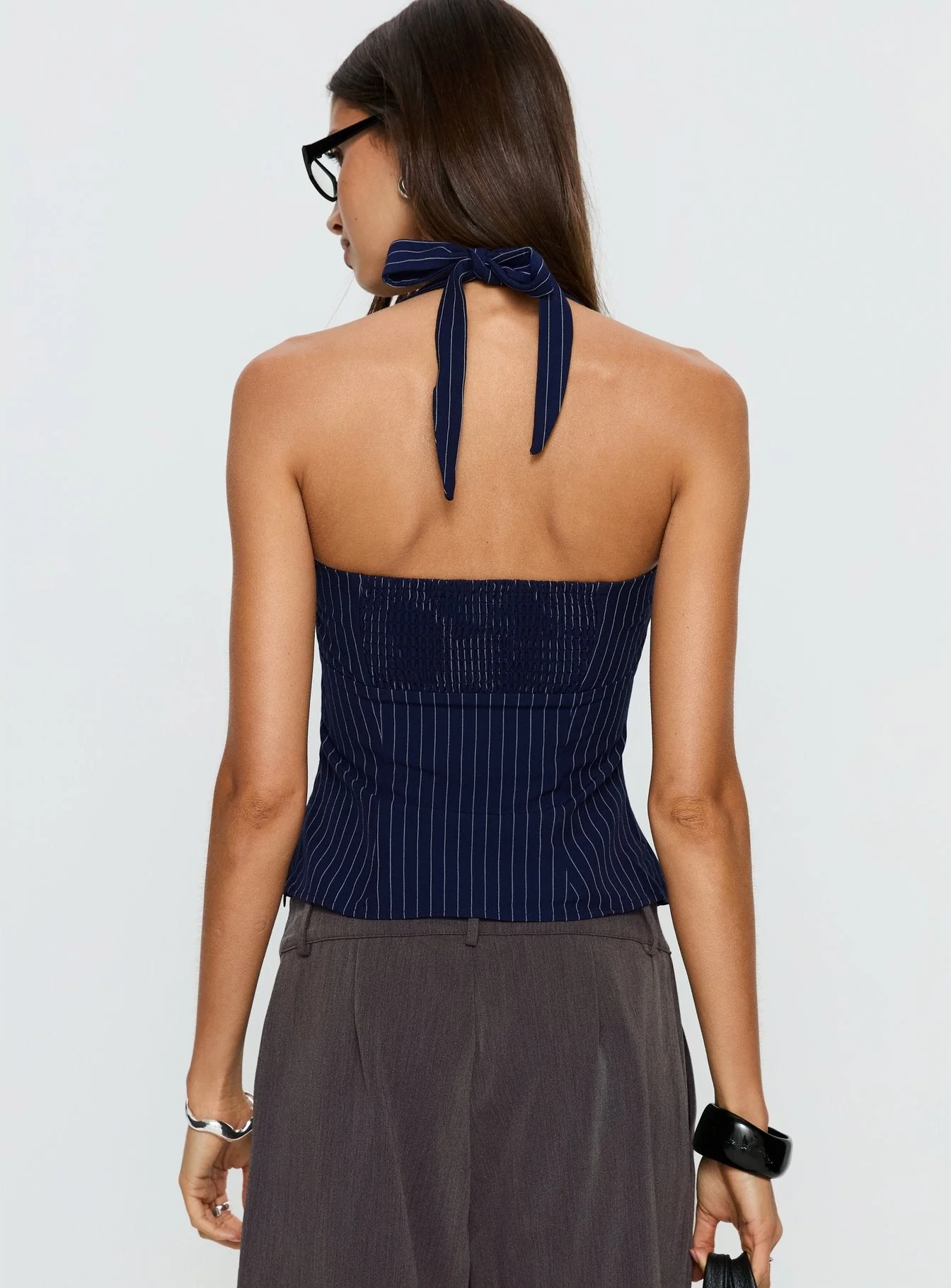 Isabetta Halter Top Navy Pinstripe - Image 4