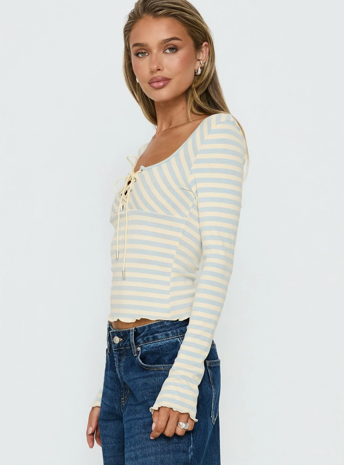 Jacenda Tie Up Long Sleeve Top Blue Stripe - Image 3