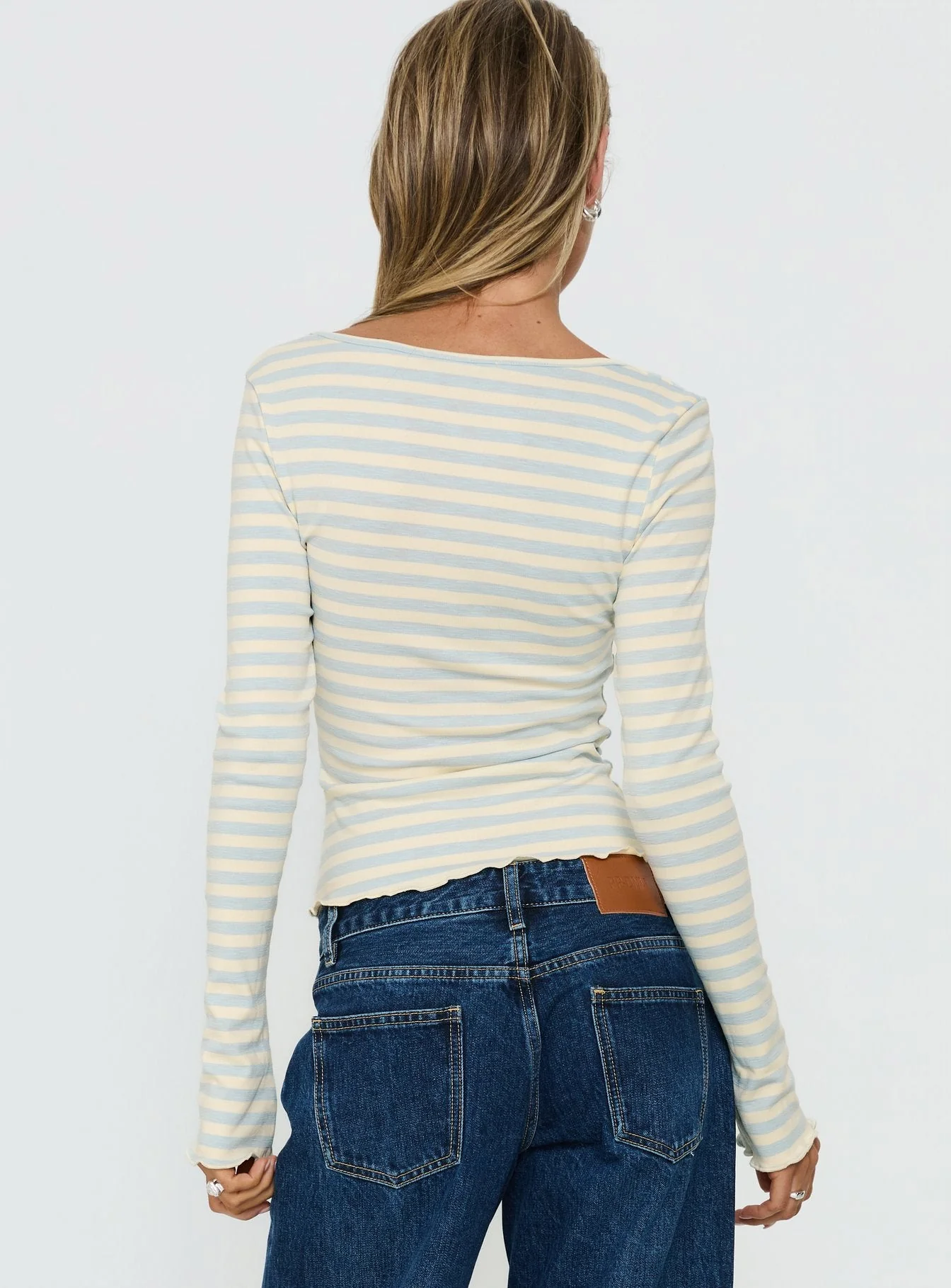 Jacenda Tie Up Long Sleeve Top Blue Stripe - Image 4