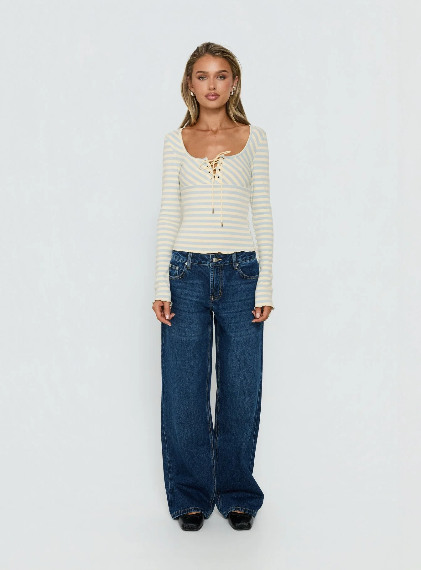 Jacenda Tie Up Long Sleeve Top Blue Stripe - Image 6