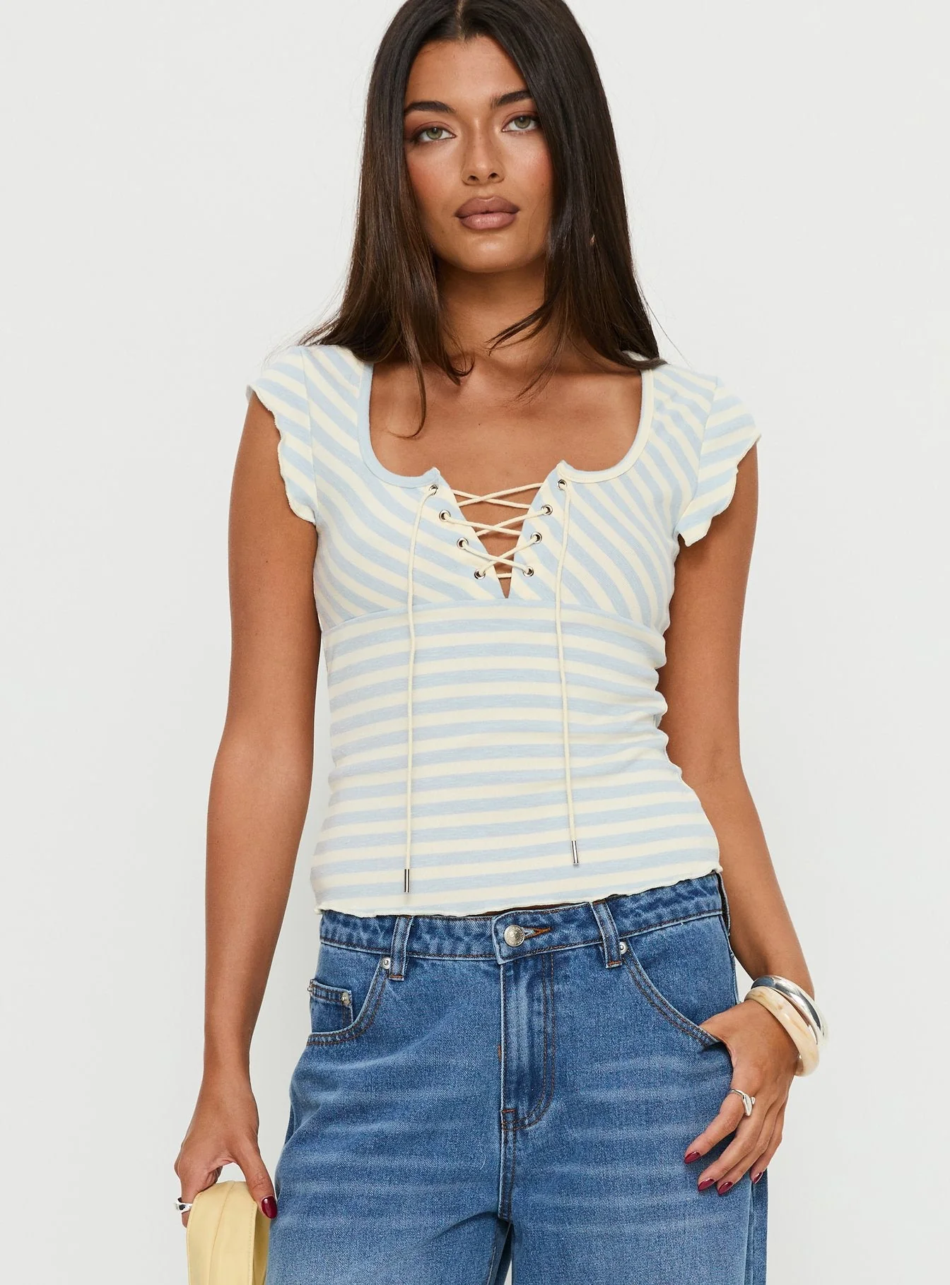 Jacenda Tie Up Short Sleeve Top Blue Stripe - Image 2