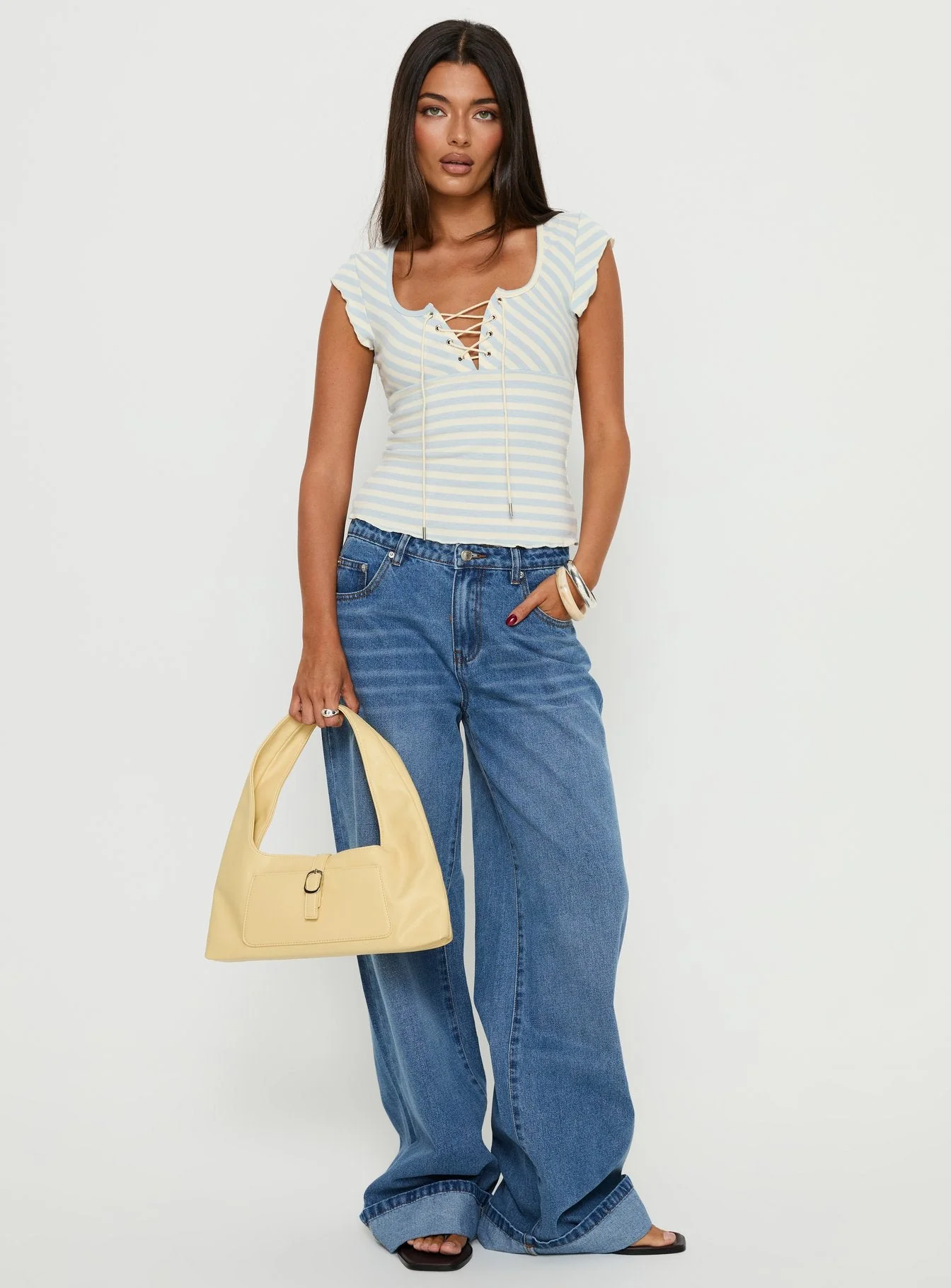 Jacenda Tie Up Short Sleeve Top Blue Stripe - Image 3