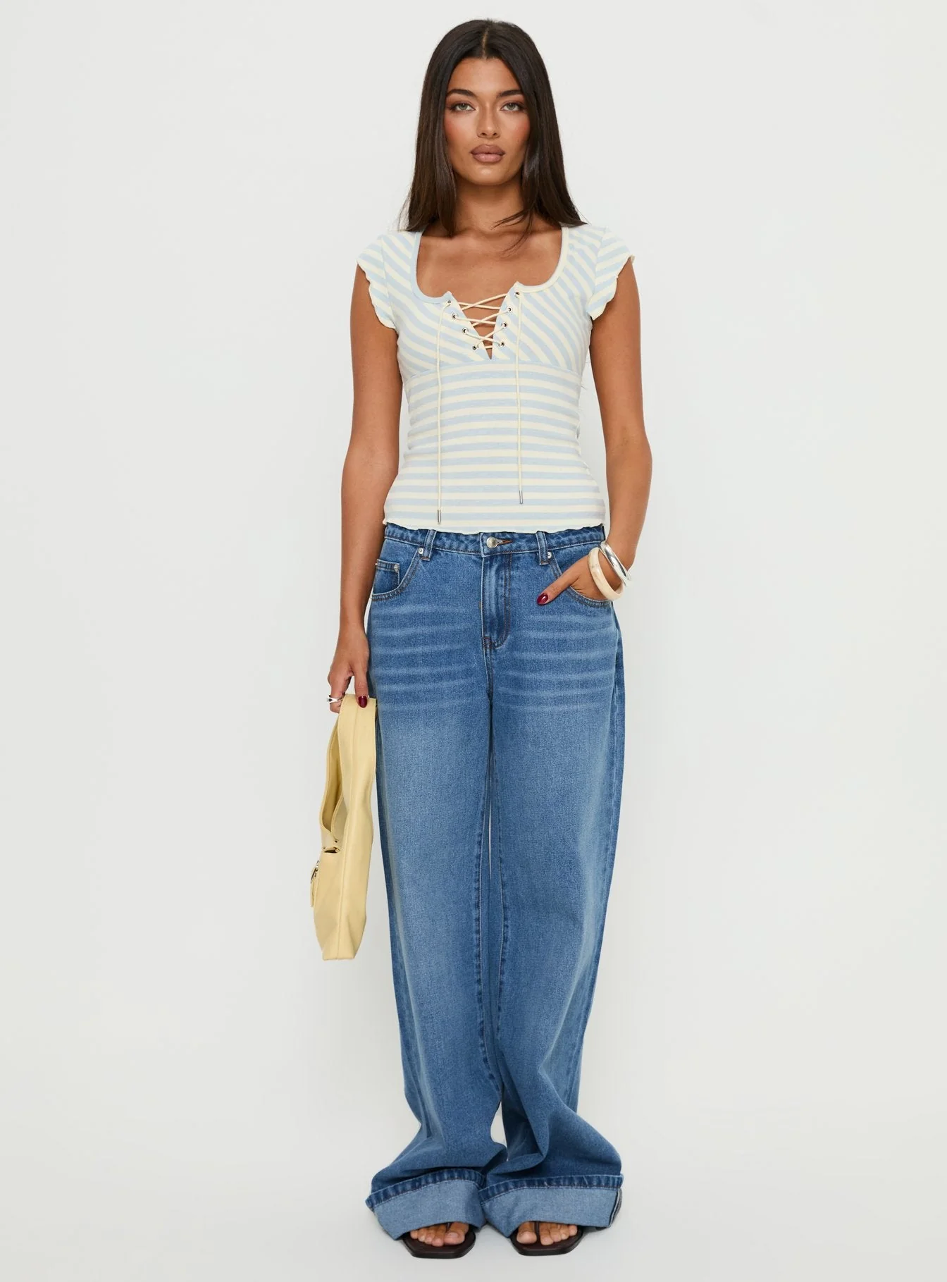 Jacenda Tie Up Short Sleeve Top Blue Stripe - Image 7