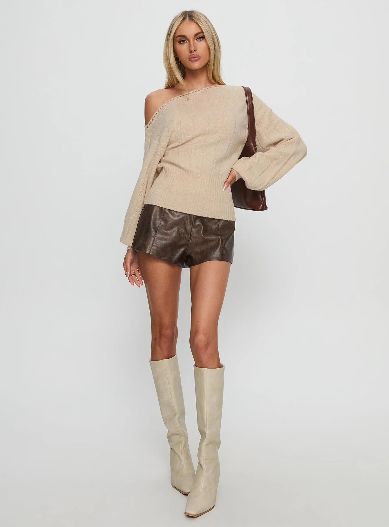 Jackeline Off Shoulder Rib Jumper Cream - Image 2