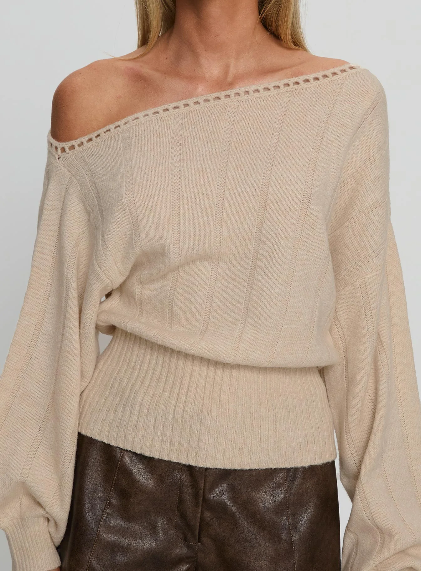 Jackeline Off Shoulder Rib Jumper Cream - Image 5