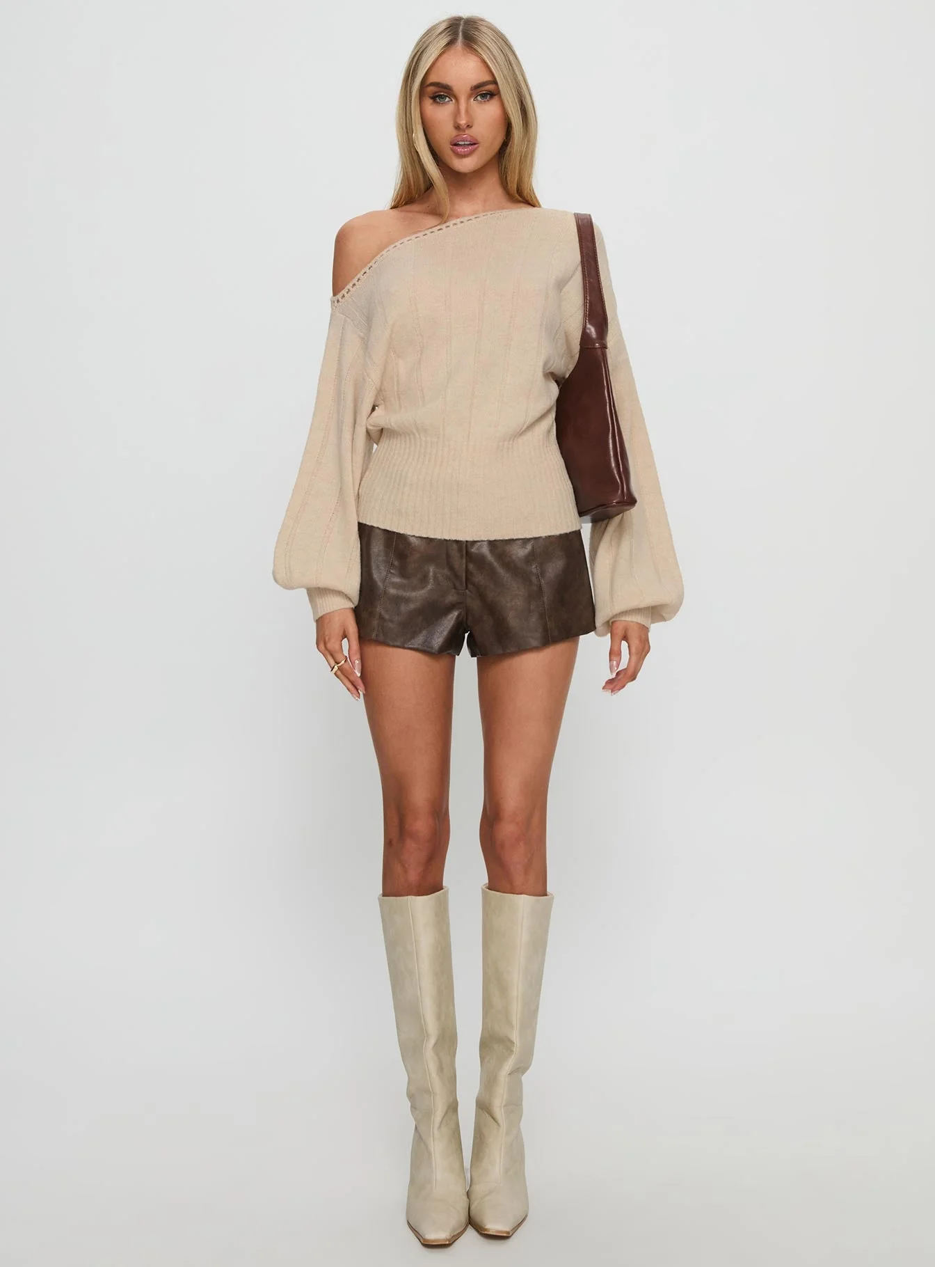 Jackeline Off Shoulder Rib Jumper Cream - Image 6