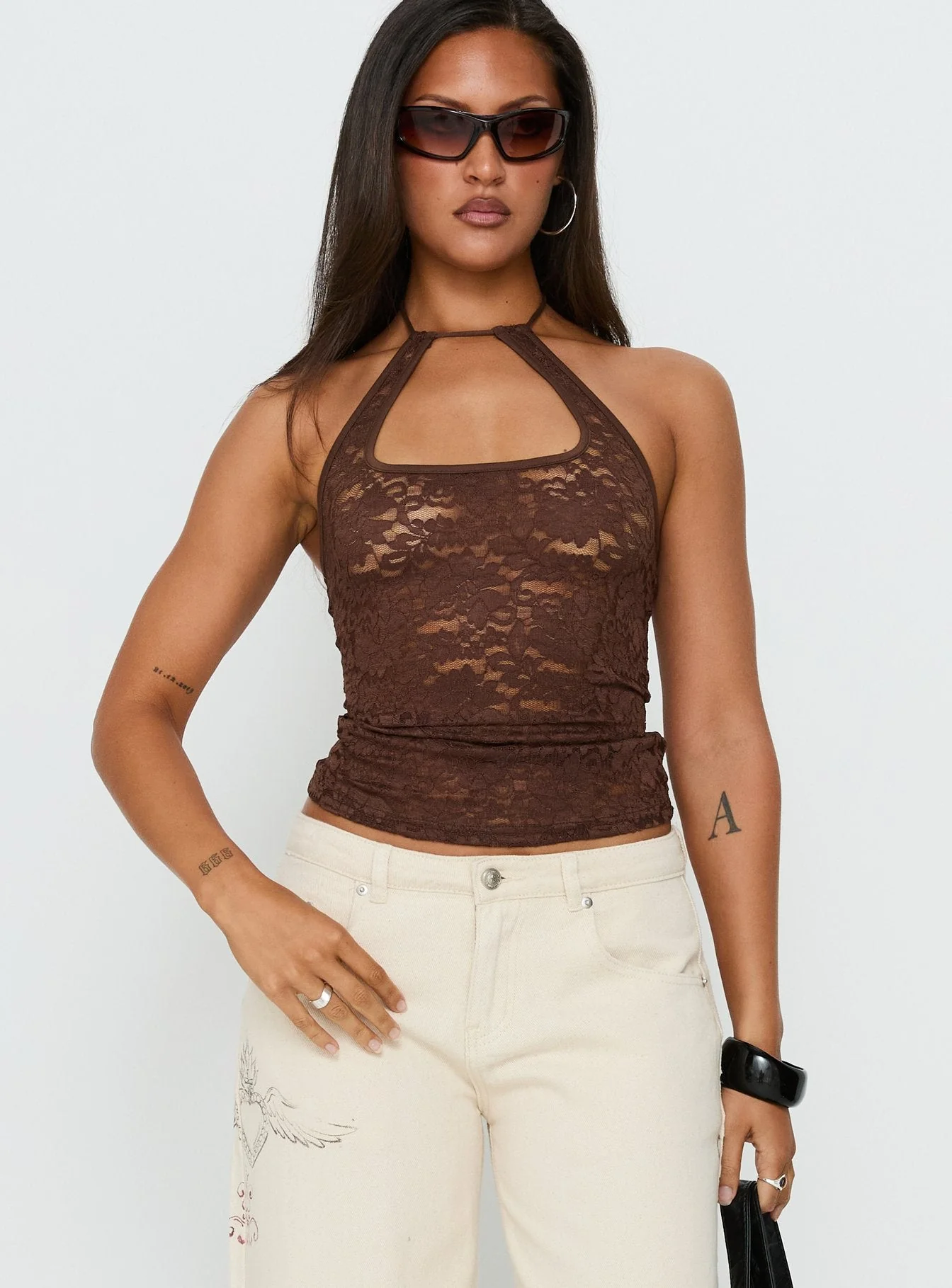 Janais Lace Tie Neck Top Chocolate