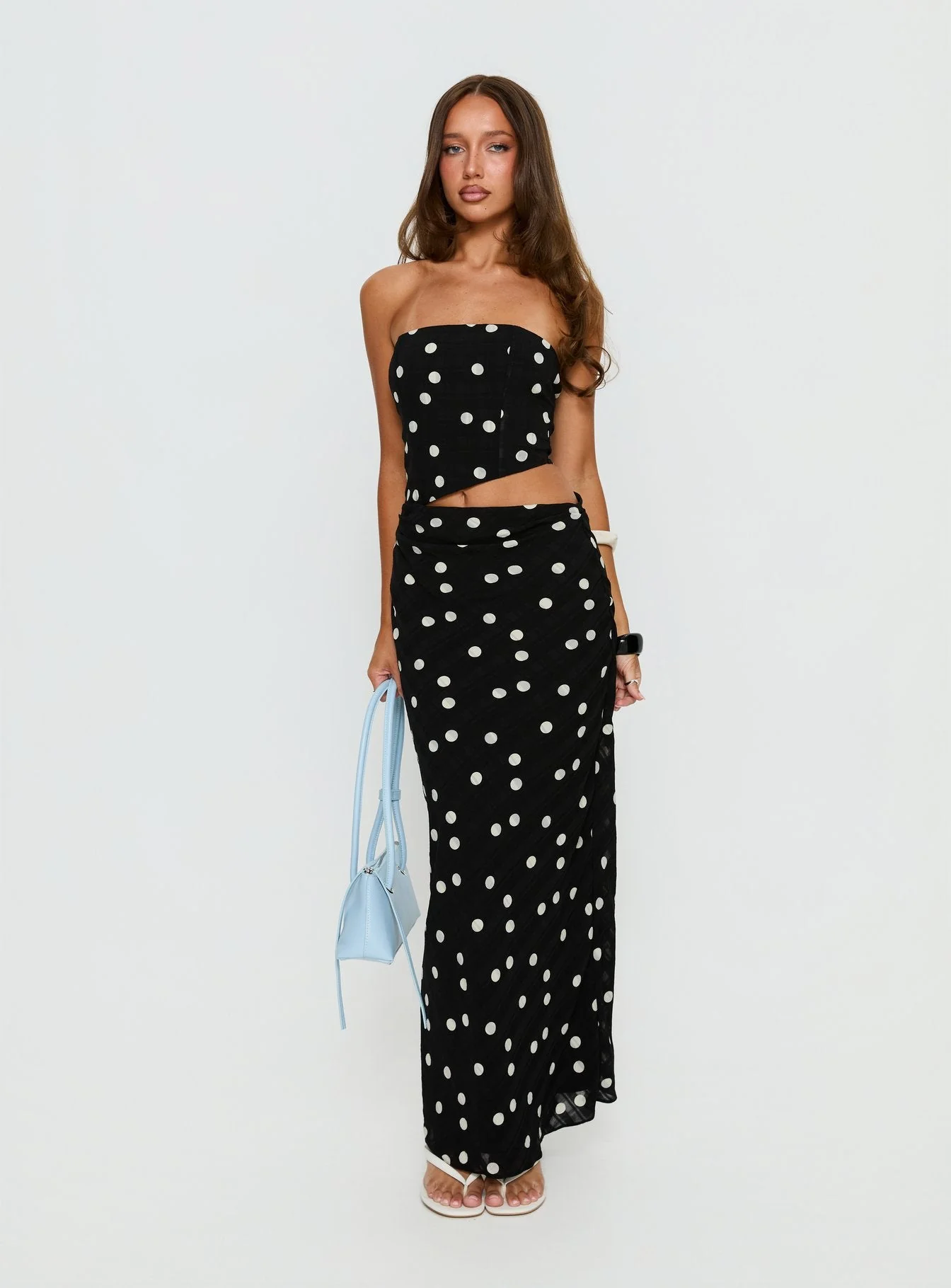 Jasira Strapless Drape Maxi Dress Black Polka Dot - Image 3