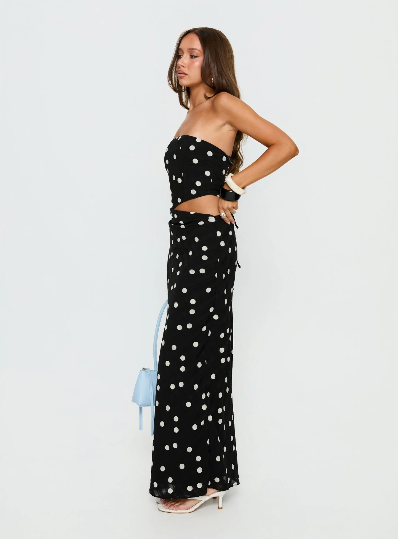 Jasira Strapless Drape Maxi Dress Black Polka Dot - Image 4