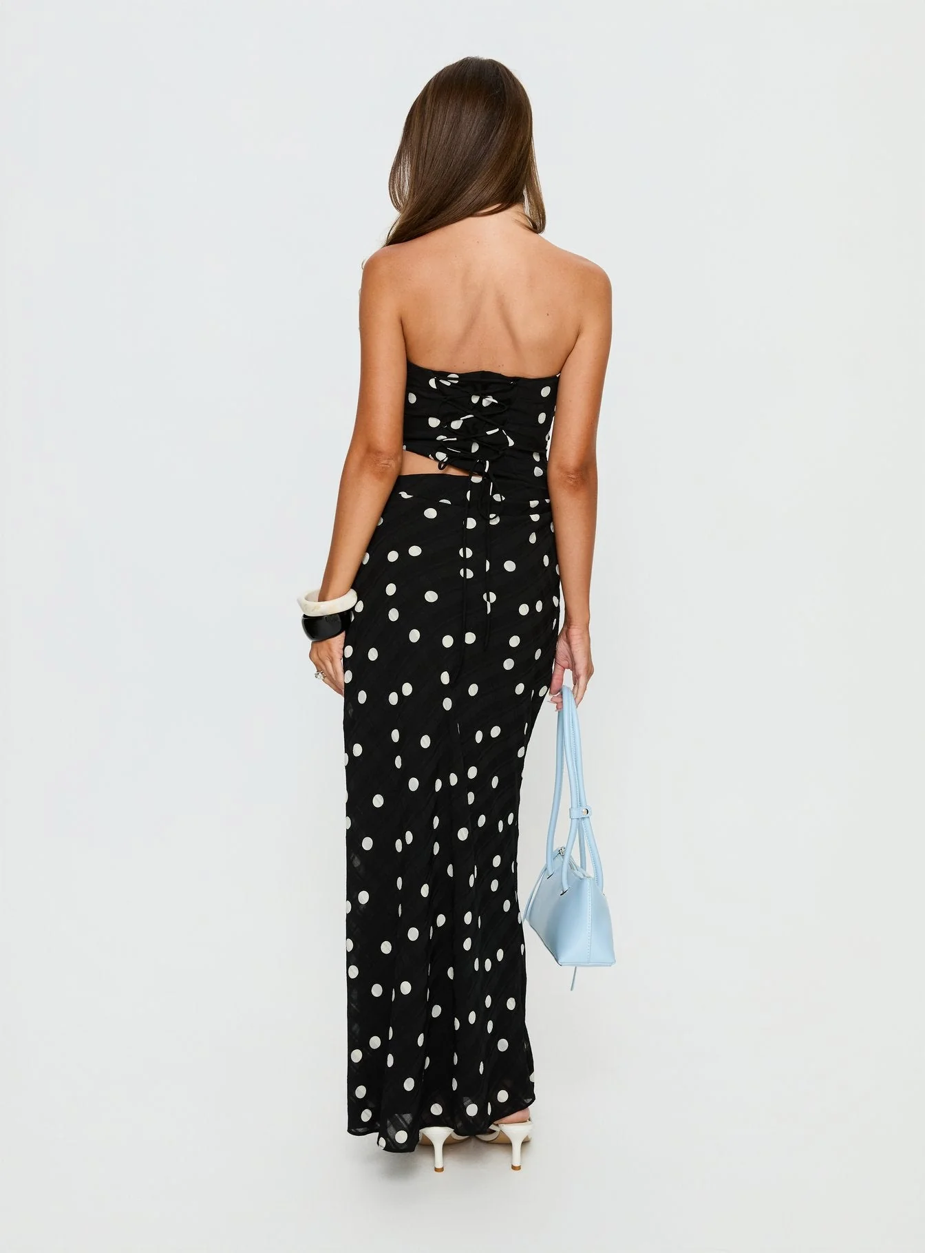 Jasira Strapless Drape Maxi Dress Black Polka Dot - Image 5