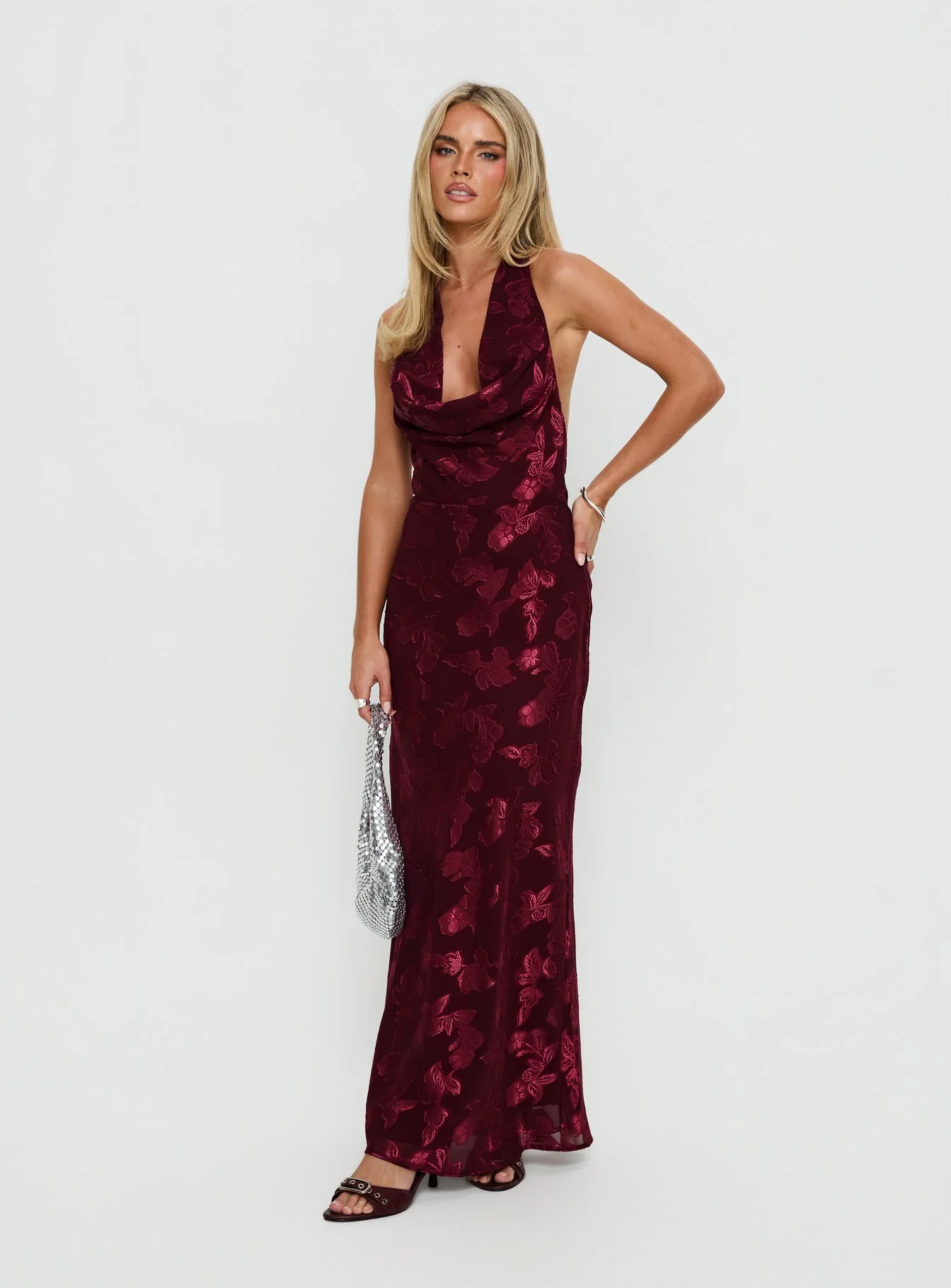 Jazminah Halter Cowl Neck Maxi Dress Burgundy - Image 2