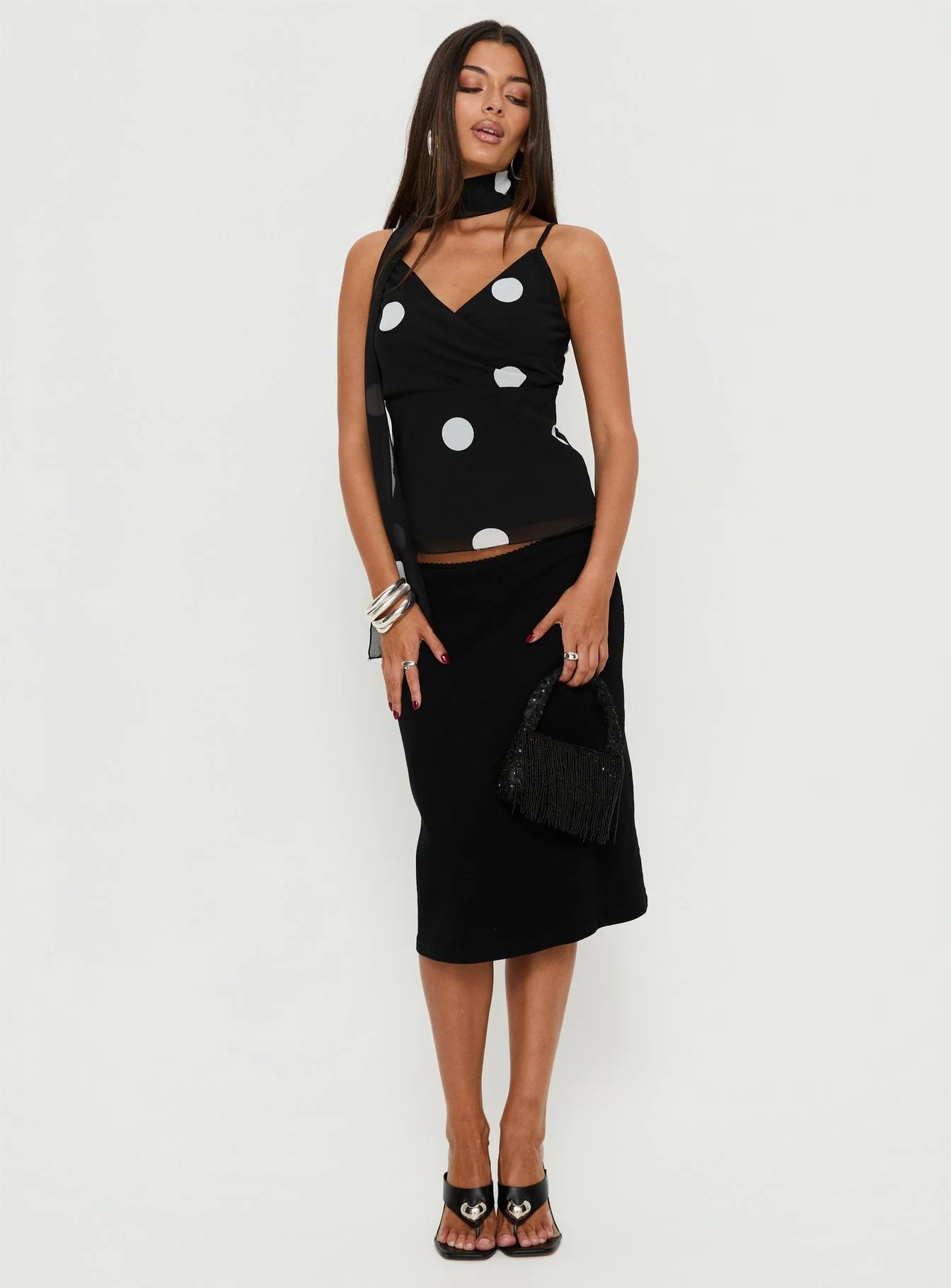 Jenae Scarf Detail Cami Top Black / White Polka - Image 3
