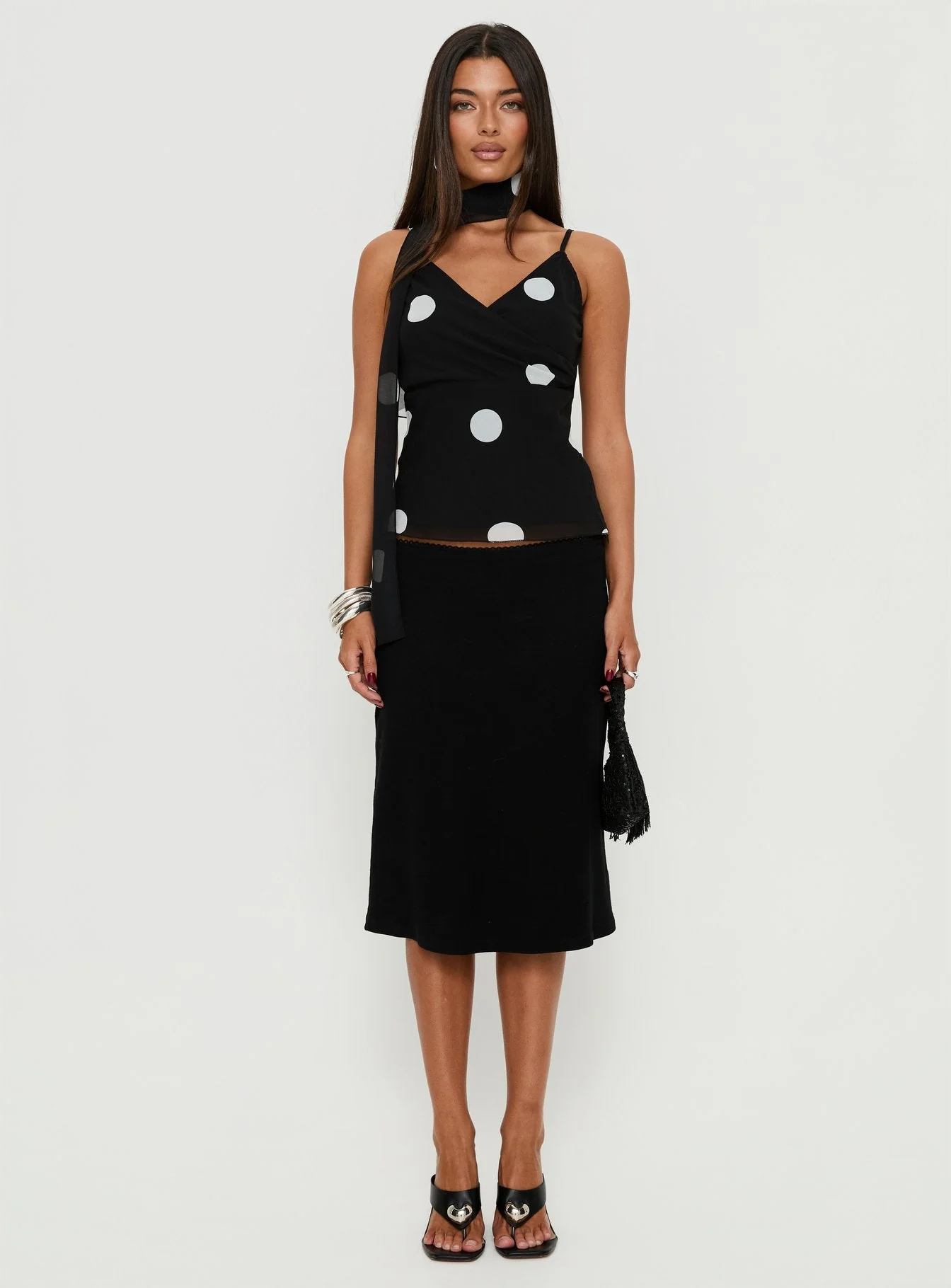 Jenae Scarf Detail Cami Top Black / White Polka - Image 7