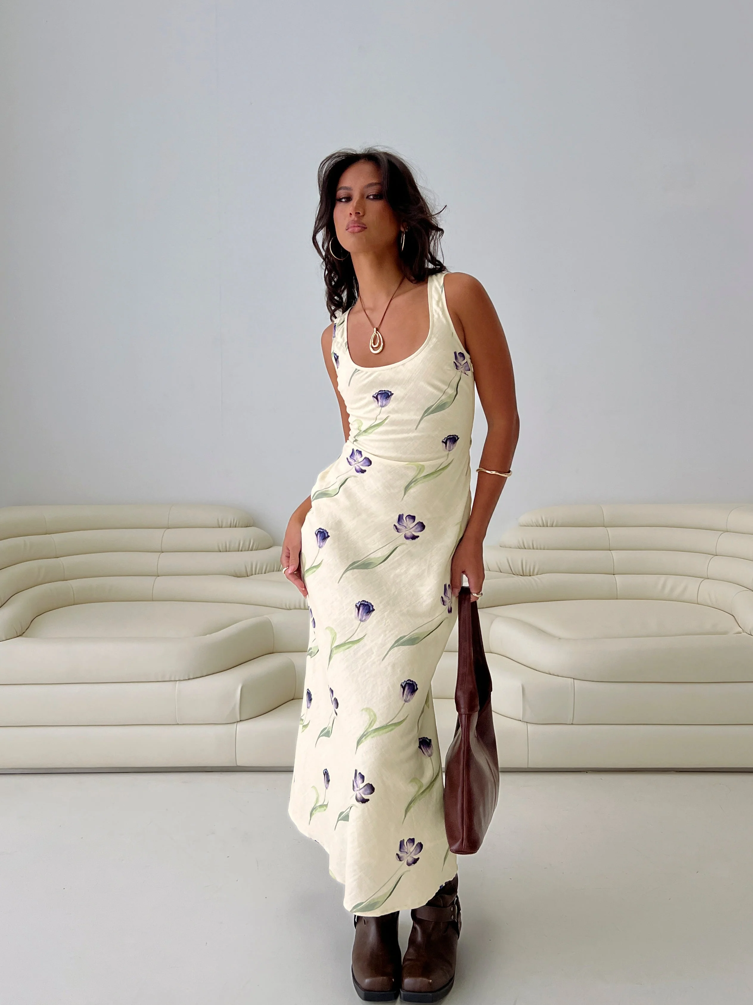 Jessabelle Linen Blend Midi Dress Cream Floral - Image 8