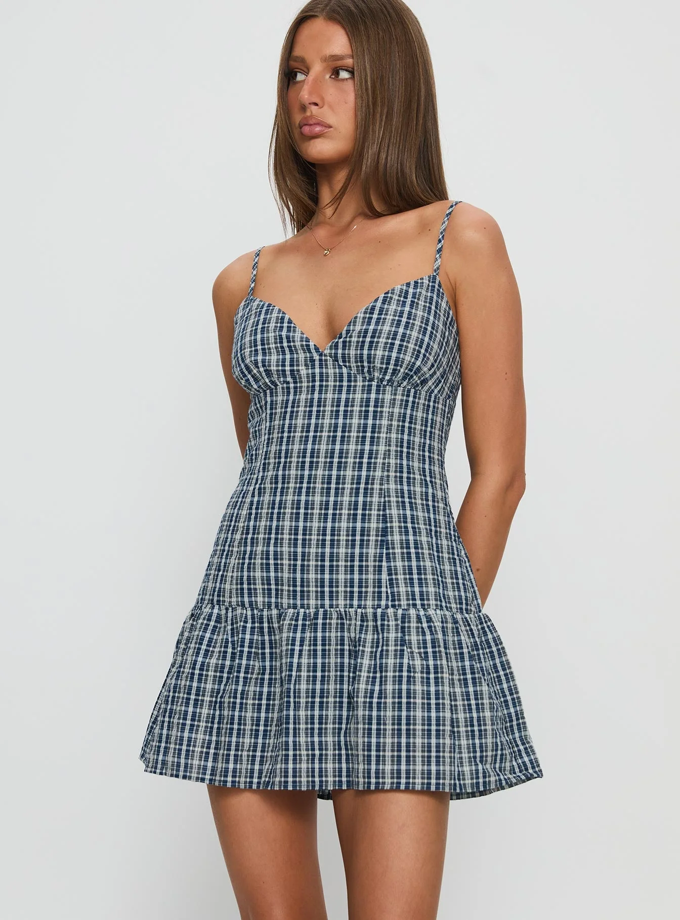 Jessamae Drop Waist Playsuit Blue Check - Image 2