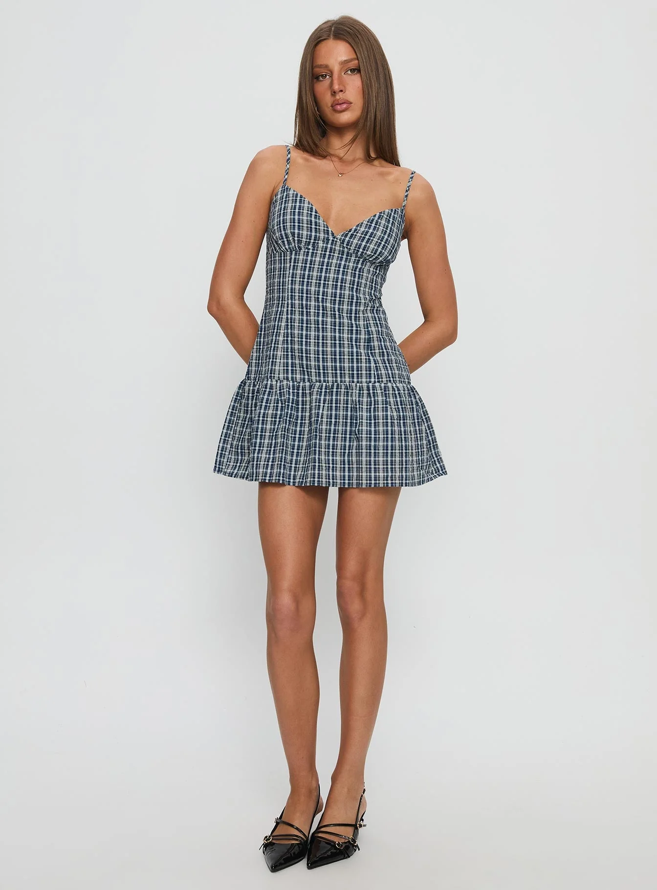 Jessamae Drop Waist Playsuit Blue Check - Image 3