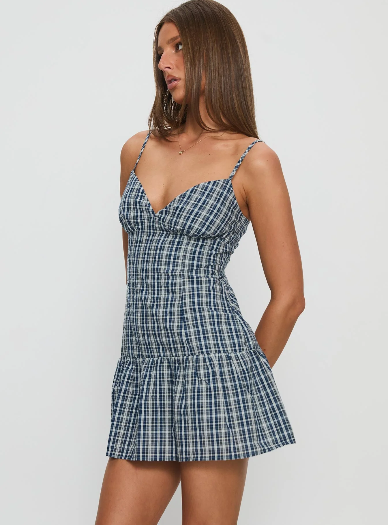 Jessamae Drop Waist Playsuit Blue Check - Image 4