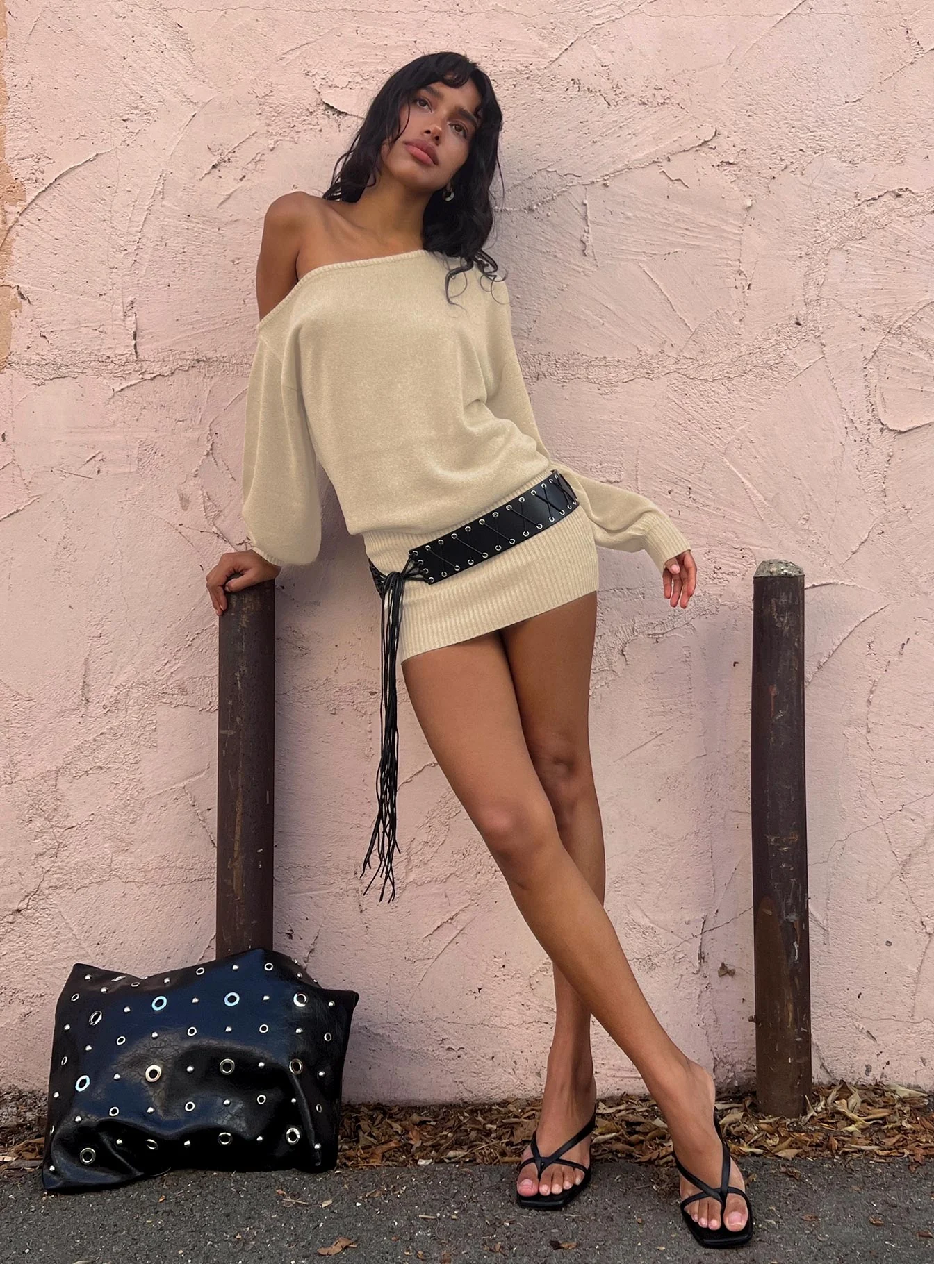 Johannah Off Shoulder Long Sleeve Knit Mini Dress Gold - Image 11