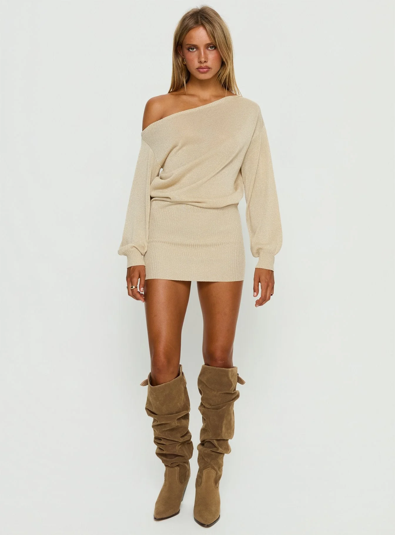 Johannah Off Shoulder Long Sleeve Knit Mini Dress Gold - Image 3