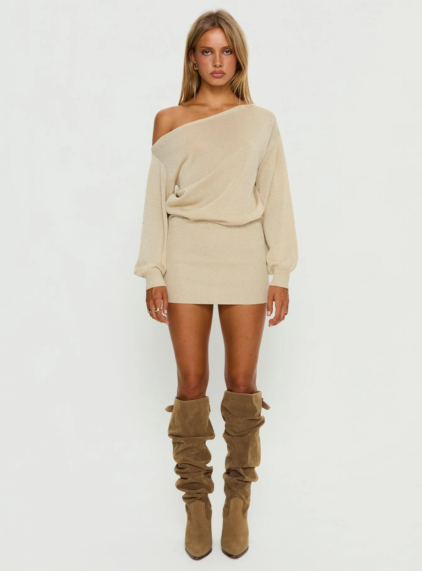 Johannah Off Shoulder Long Sleeve Knit Mini Dress Gold - Image 7
