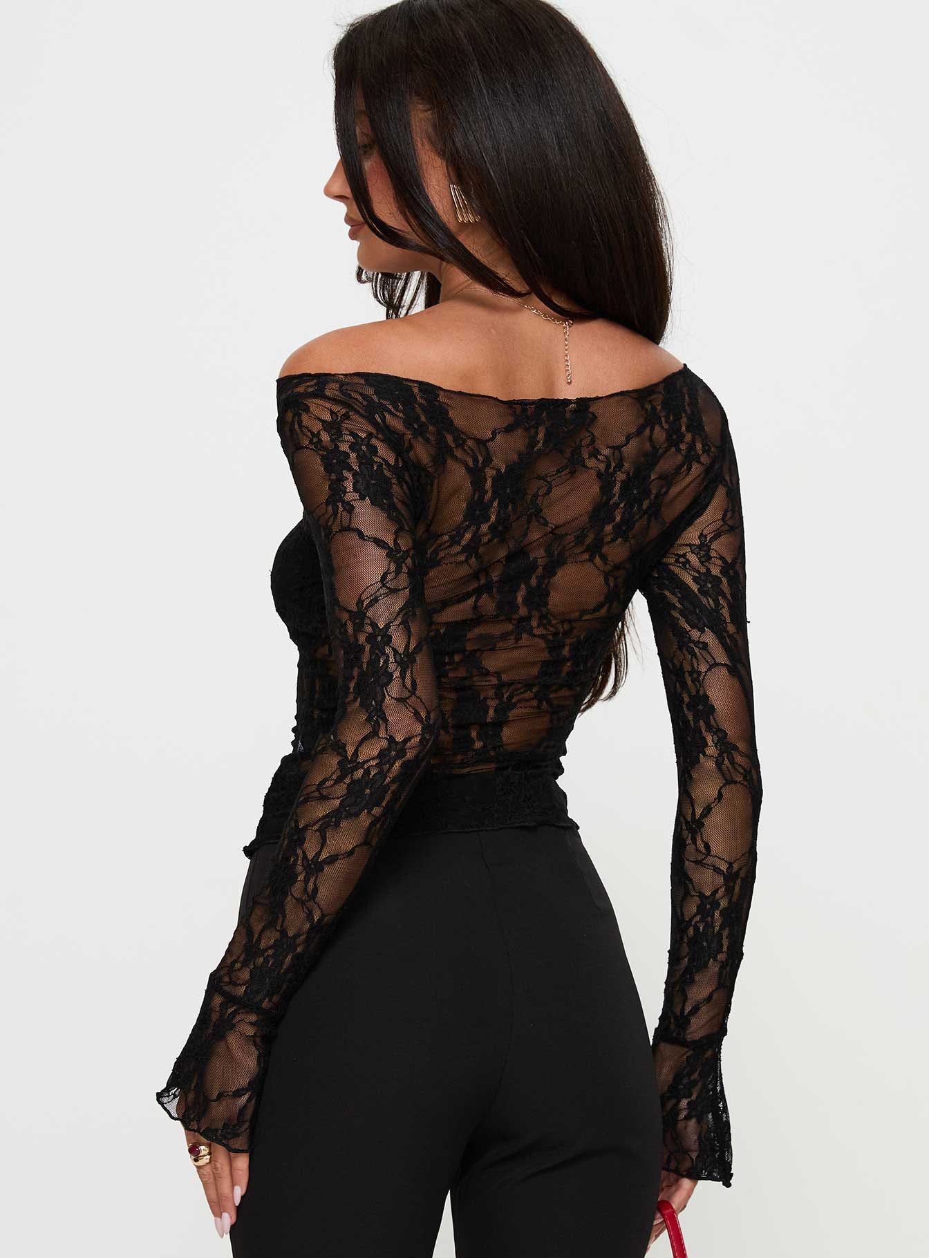 Junah Sheer Lace Long Sleeve Top Black - Image 5