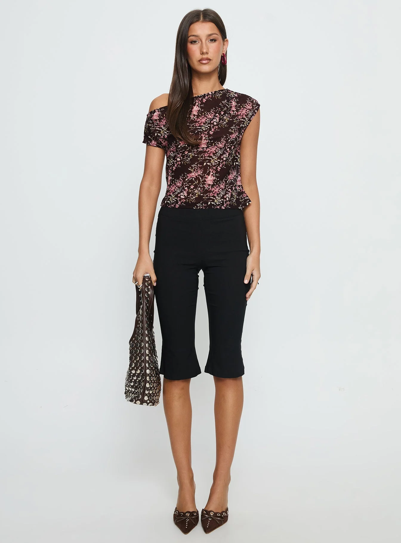 Justyna Sheer Top Off Shoulder Top Brown / Pink Floral - Image 6