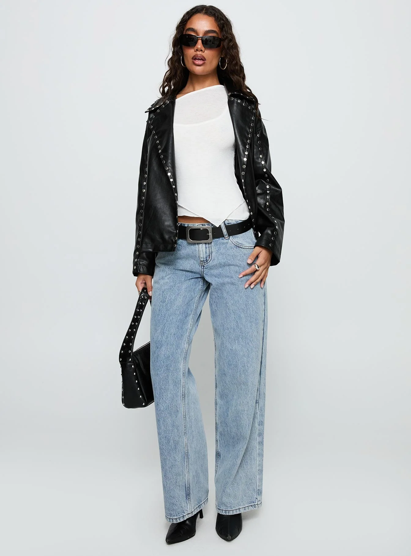 Kaeden Faux Leather Stud Detail Biker Jacket Black - Image 3