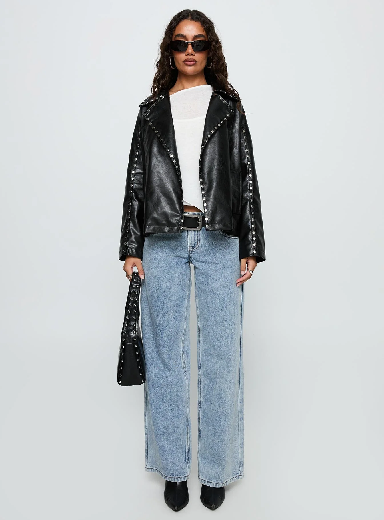 Kaeden Faux Leather Stud Detail Biker Jacket Black - Image 7