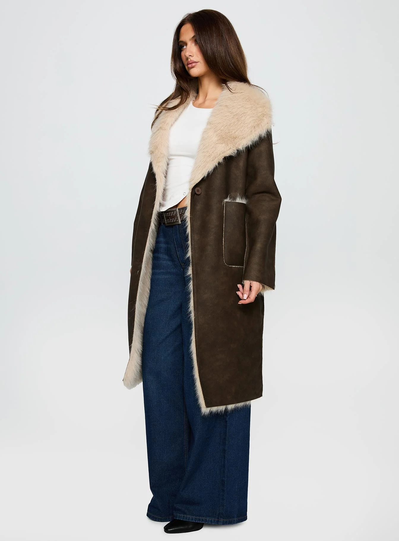 Kairos Shearling Detail Coat Brown - Image 3