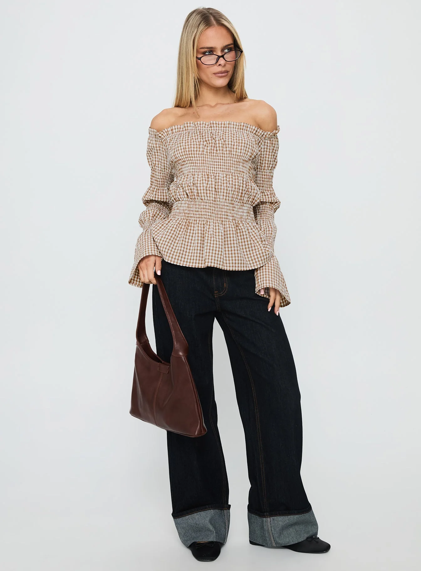 Kaitlynne Off Shoulder Long Sleeve Top Brown Check - Image 2
