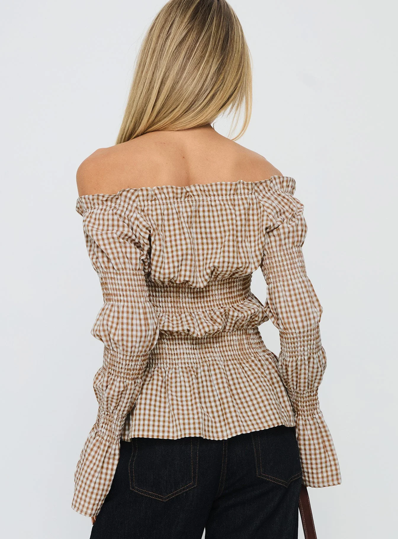 Kaitlynne Off Shoulder Long Sleeve Top Brown Check - Image 4