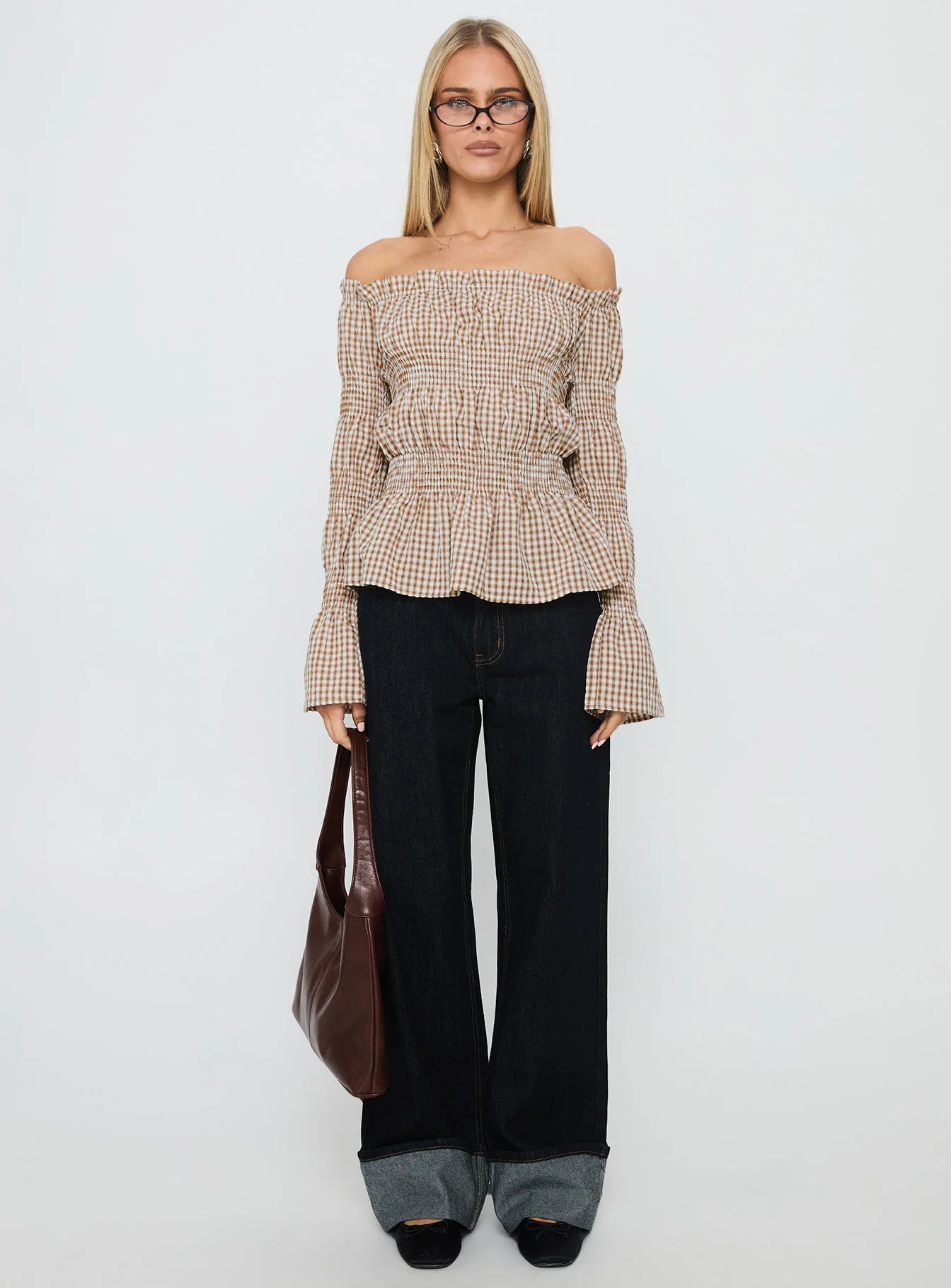 Kaitlynne Off Shoulder Long Sleeve Top Brown Check - Image 6