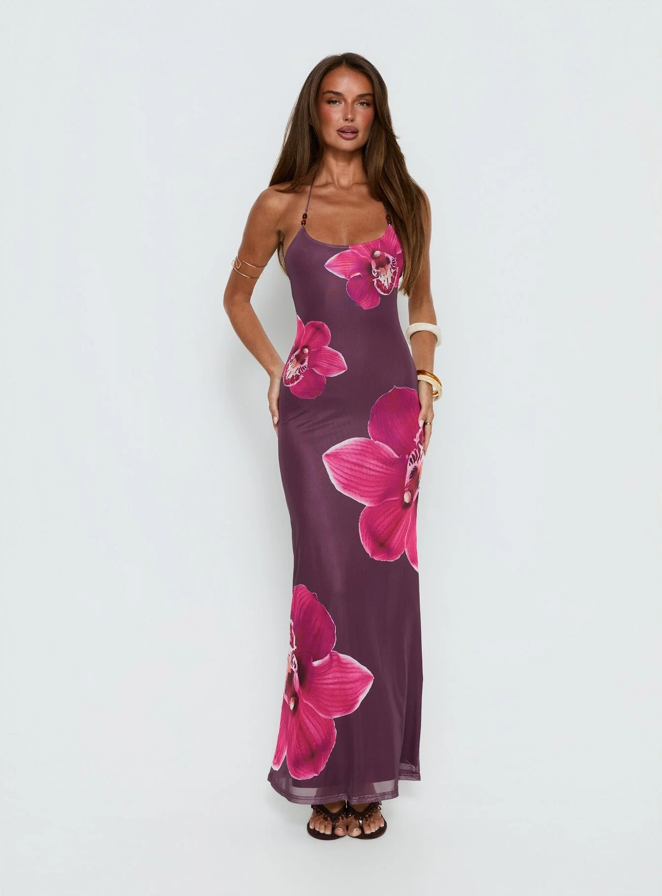 Kamina Beaded Halter Maxi Dress Plum Floral - Image 2