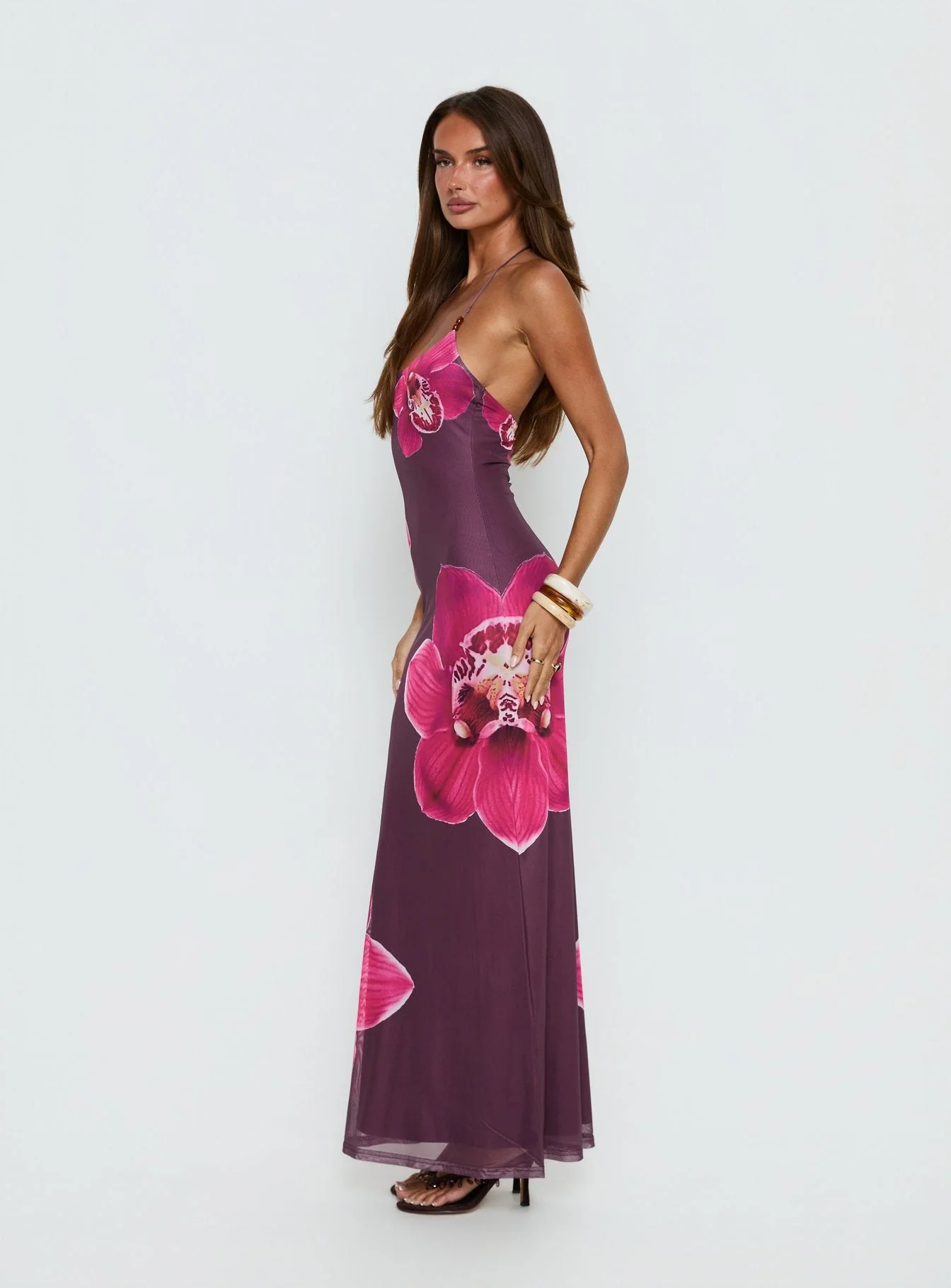 Kamina Beaded Halter Maxi Dress Plum Floral - Image 3
