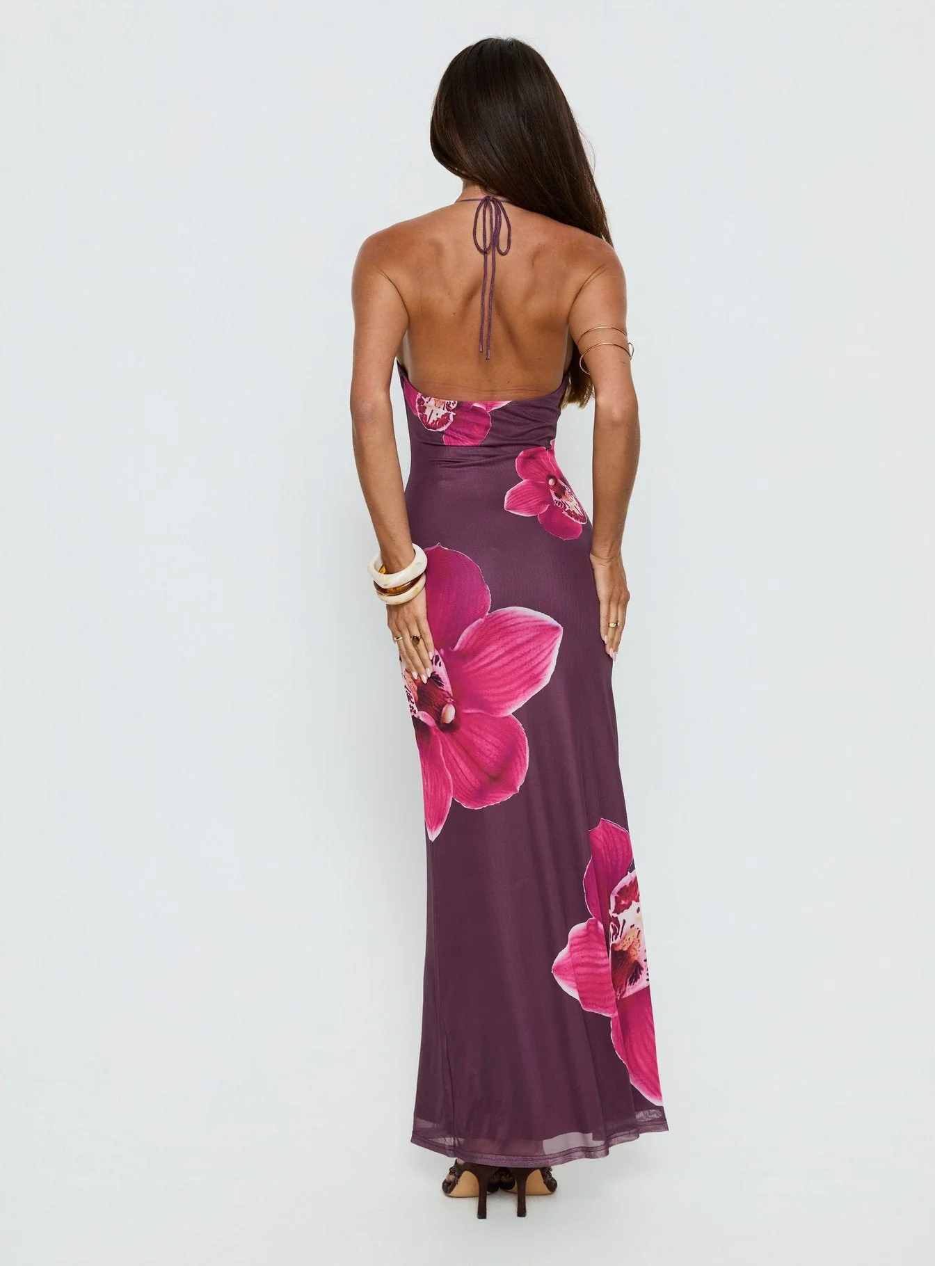 Kamina Beaded Halter Maxi Dress Plum Floral - Image 4