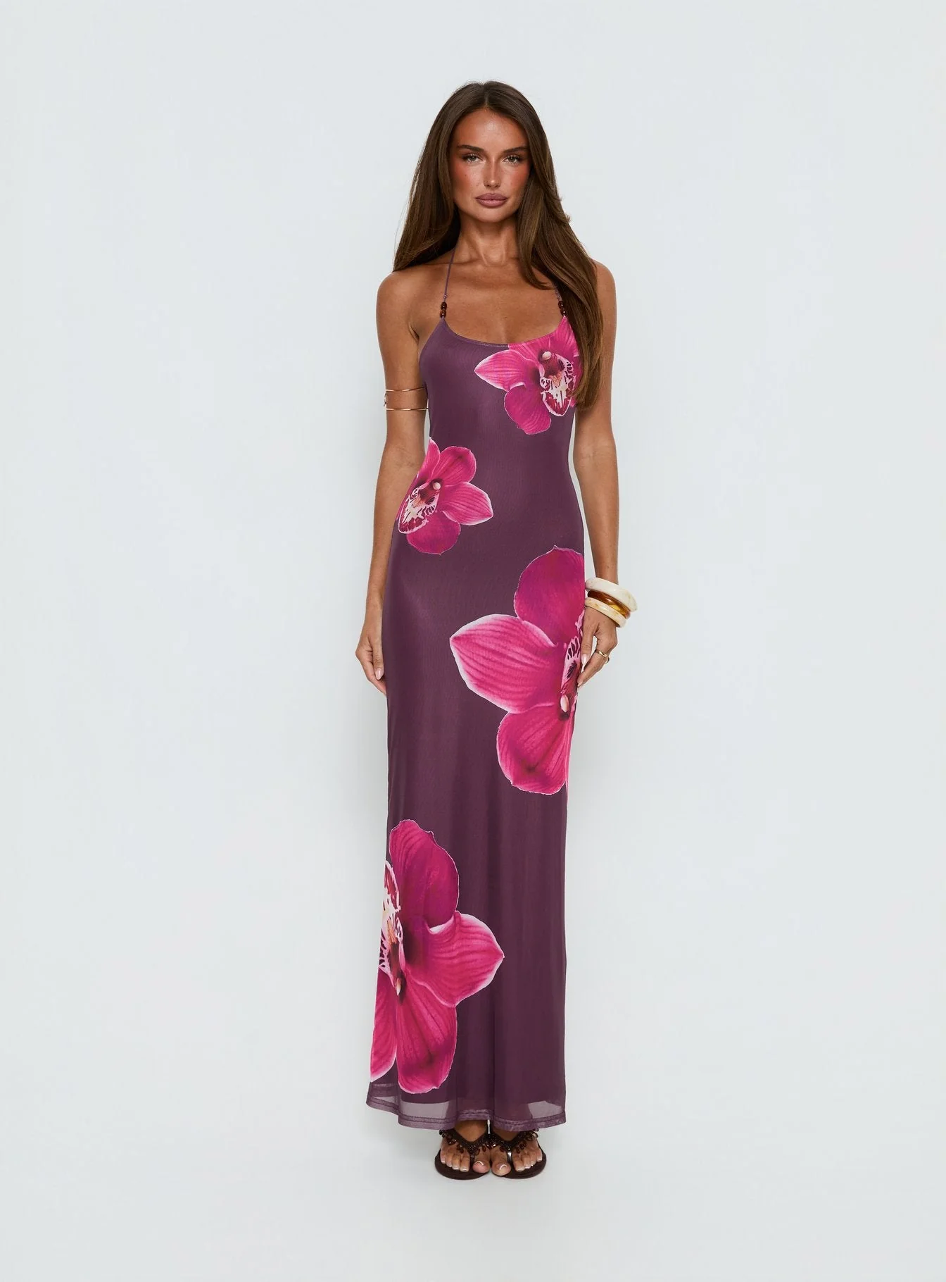 Kamina Beaded Halter Maxi Dress Plum Floral - Image 6
