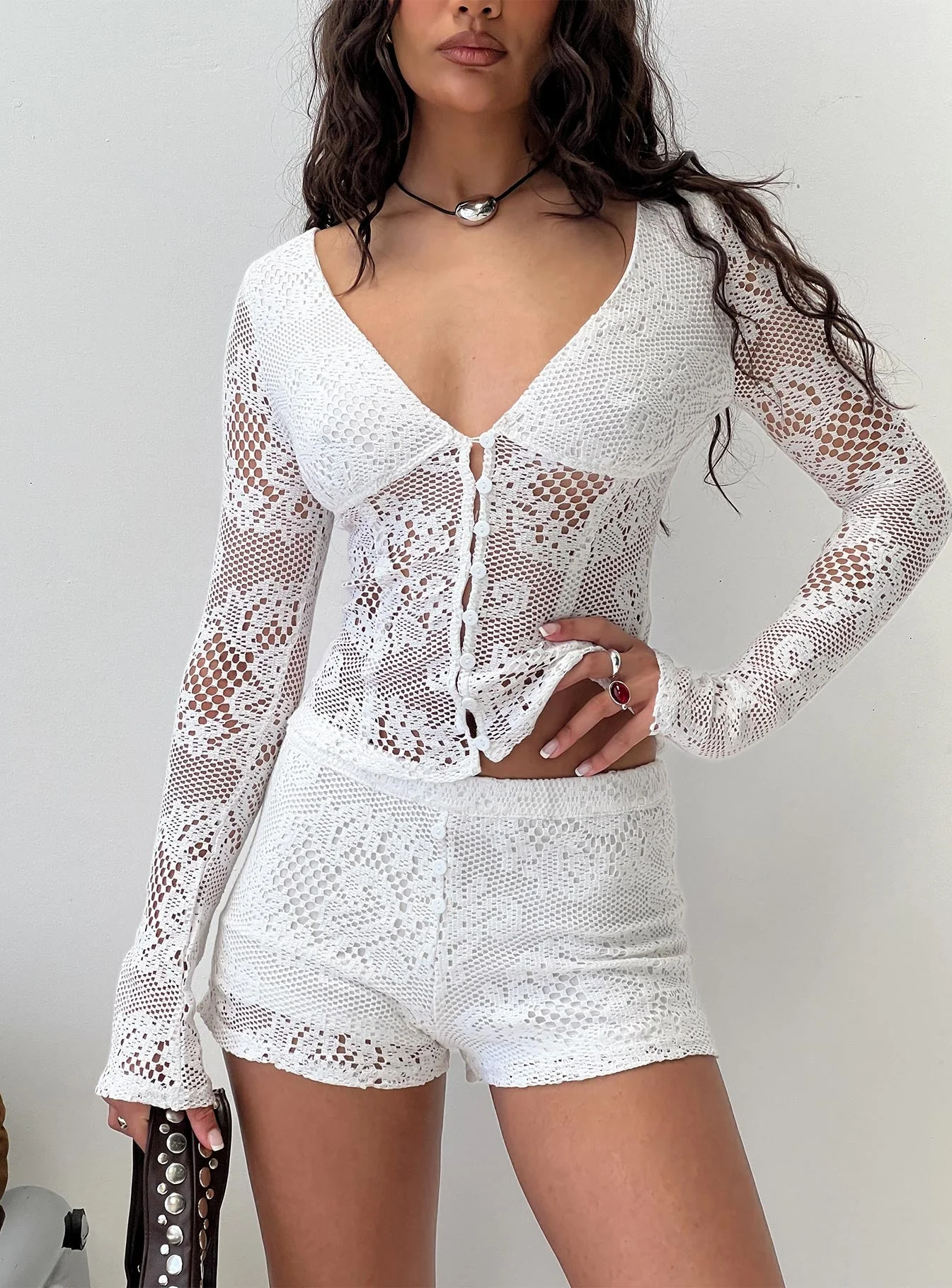 Karmoni Lace Long Sleeve Top White - Image 8