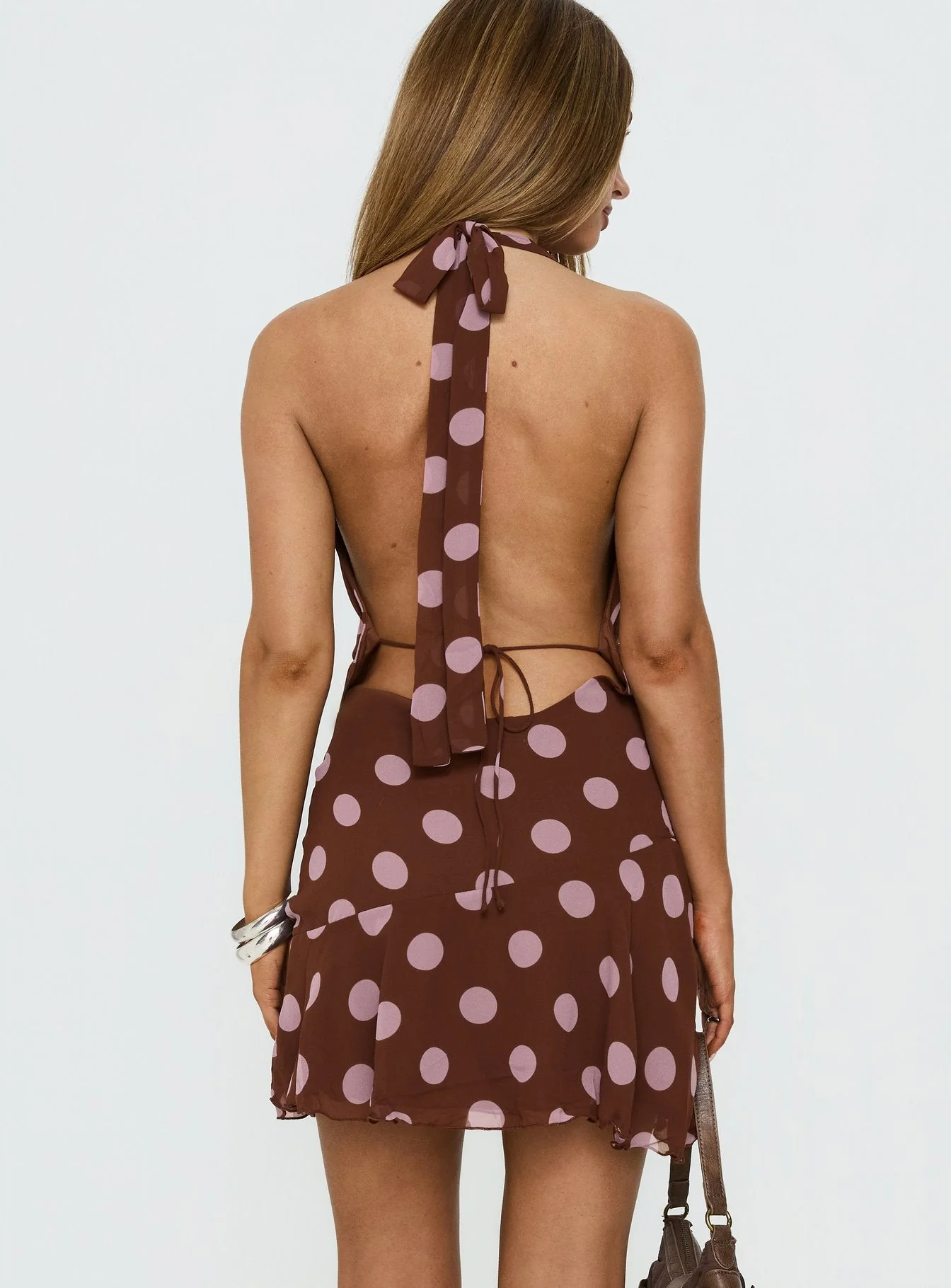 Karolie Halter Plunge Mini Dress Brown / Lilac Polka Dot - Image 4