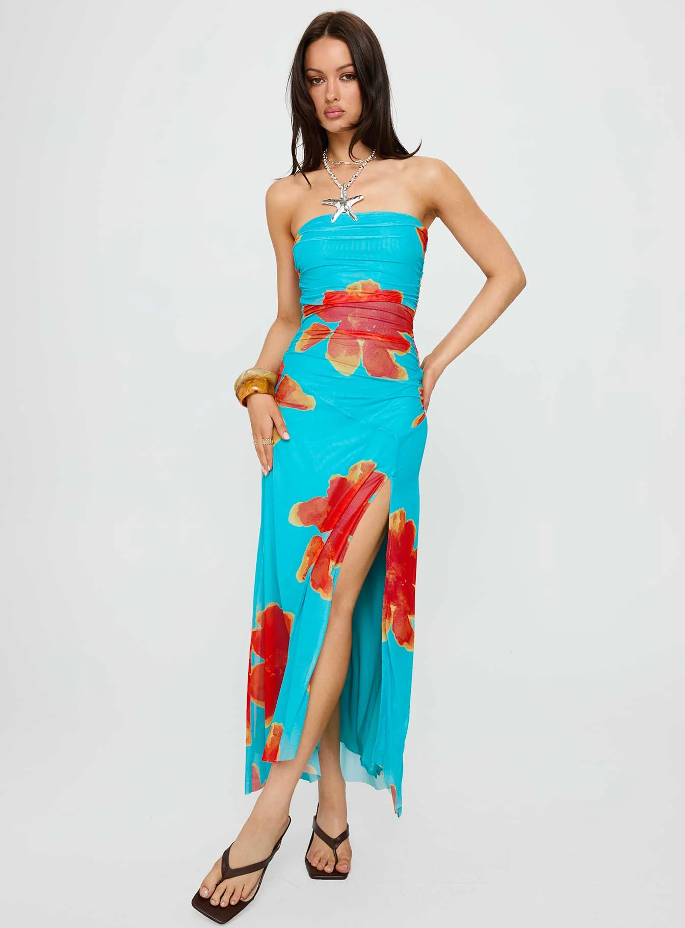Katara Strapless Maxi Dress Blue / Orange Floral - Image 3