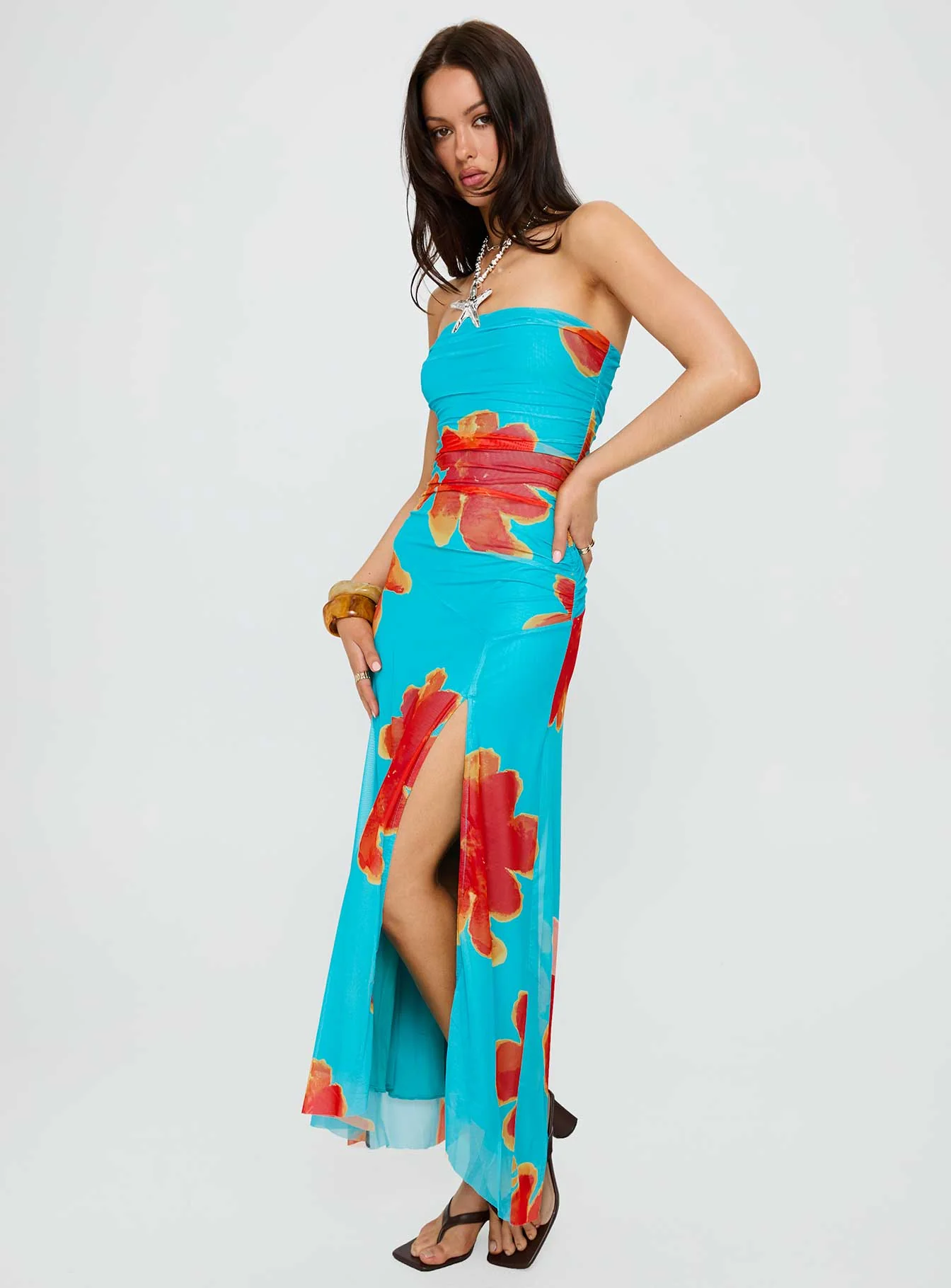Katara Strapless Maxi Dress Blue / Orange Floral - Image 4