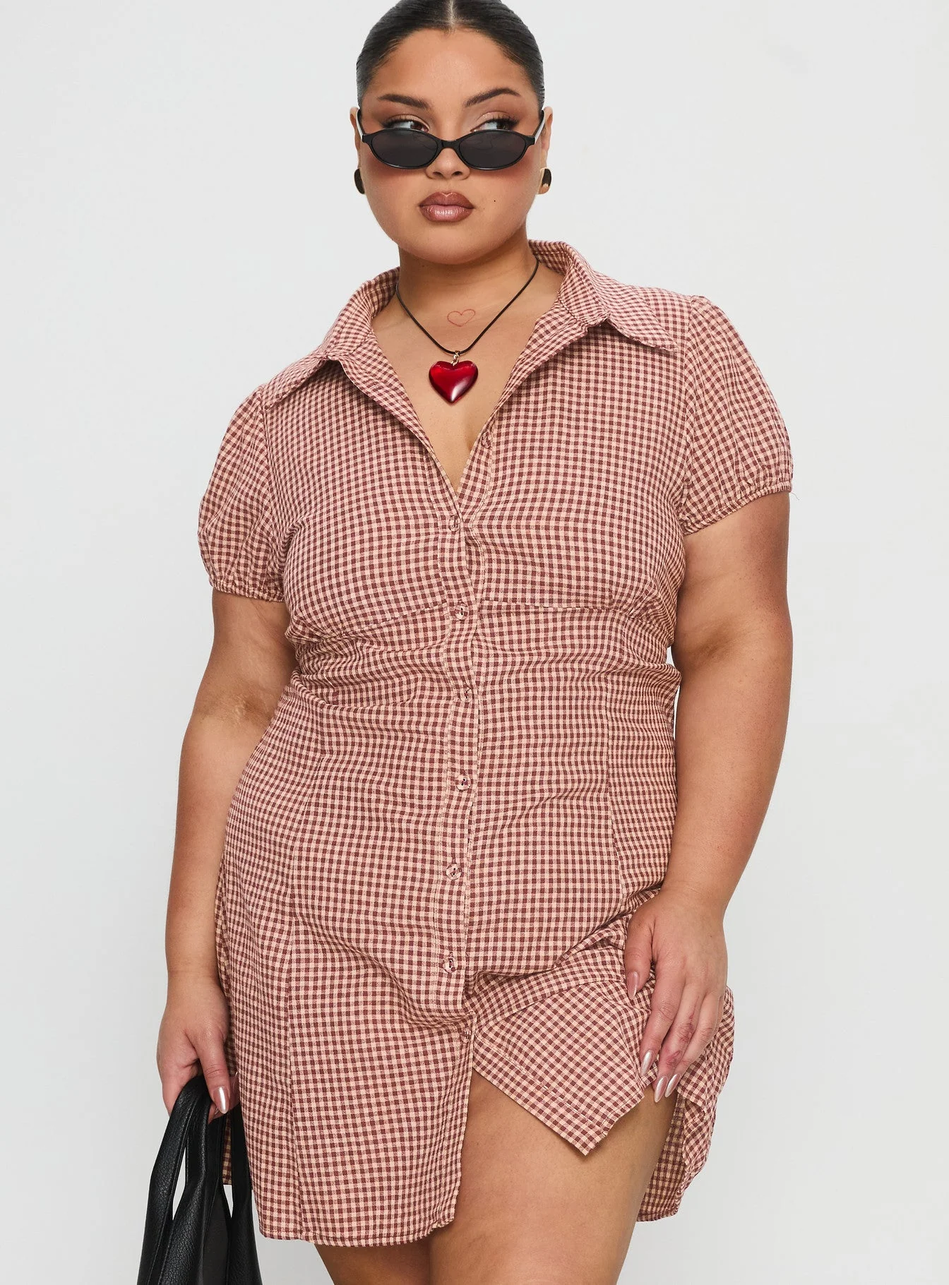 Kavira Tie Bust Shirt Dress Red Gingham Curve - Image 2